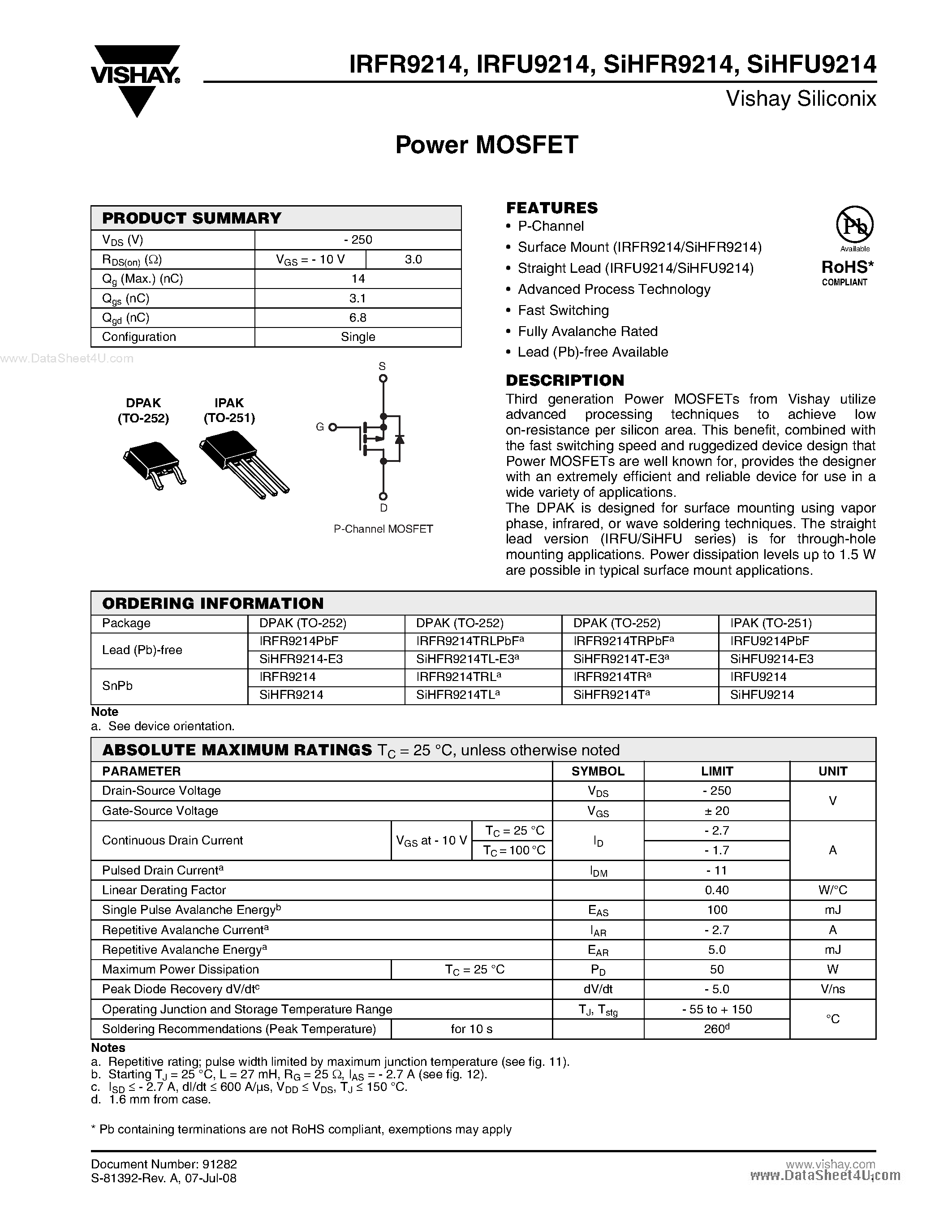 Datasheet IRFR9214 - Power MOSFET page 1