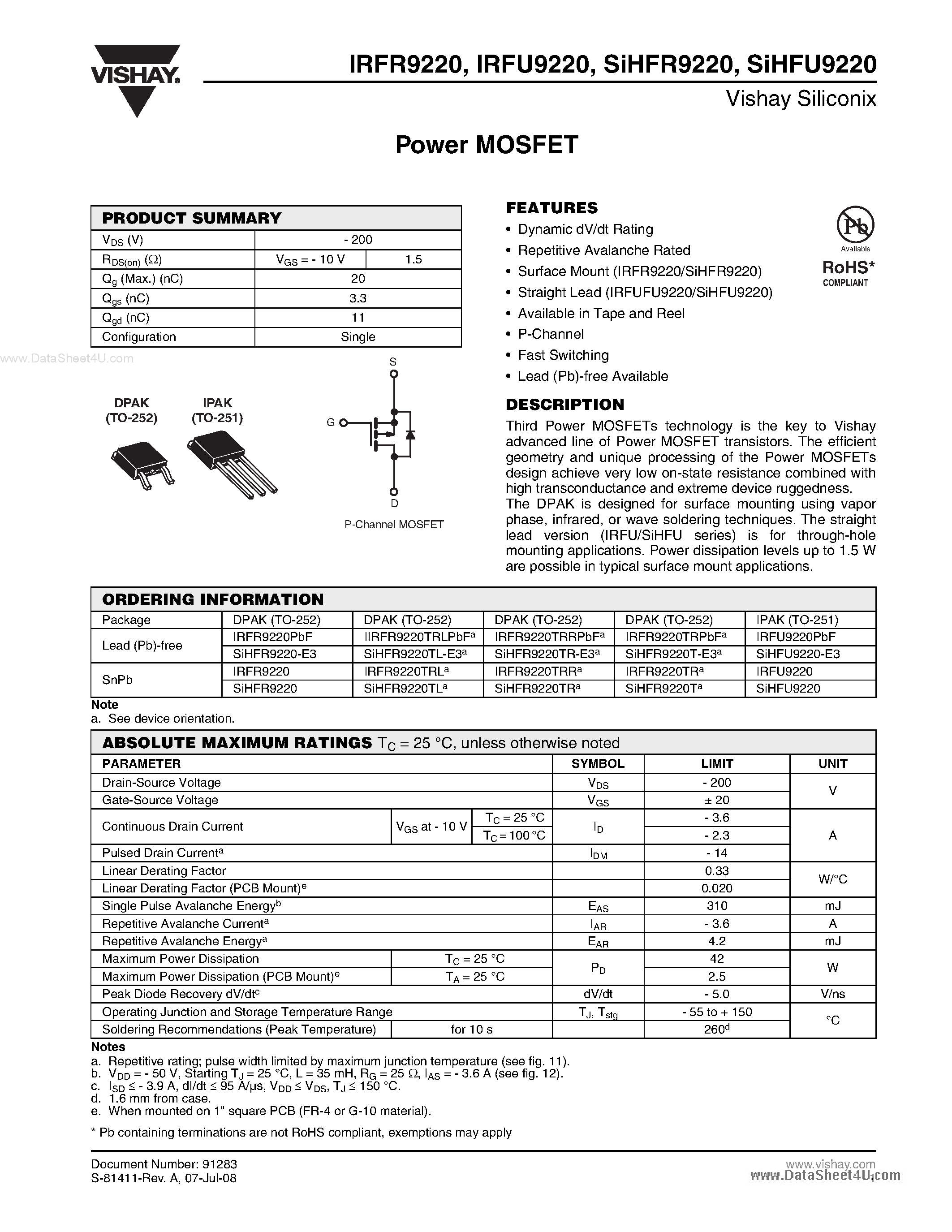 Datasheet IRFU9220 - Power MOSFET page 1