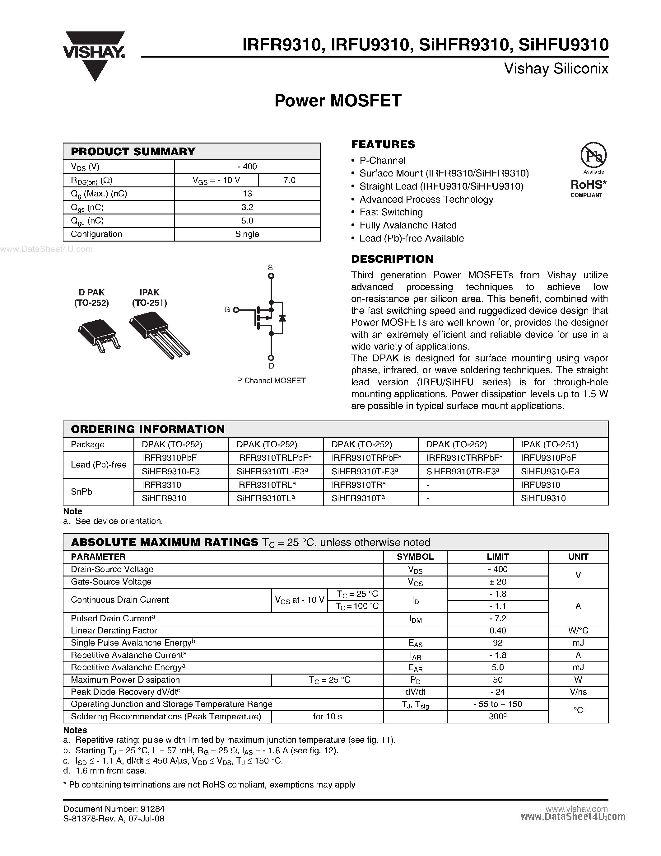 Datasheet IRFR9310 page 1 Datasheet IRFR9310 - Power MOSFET page 1