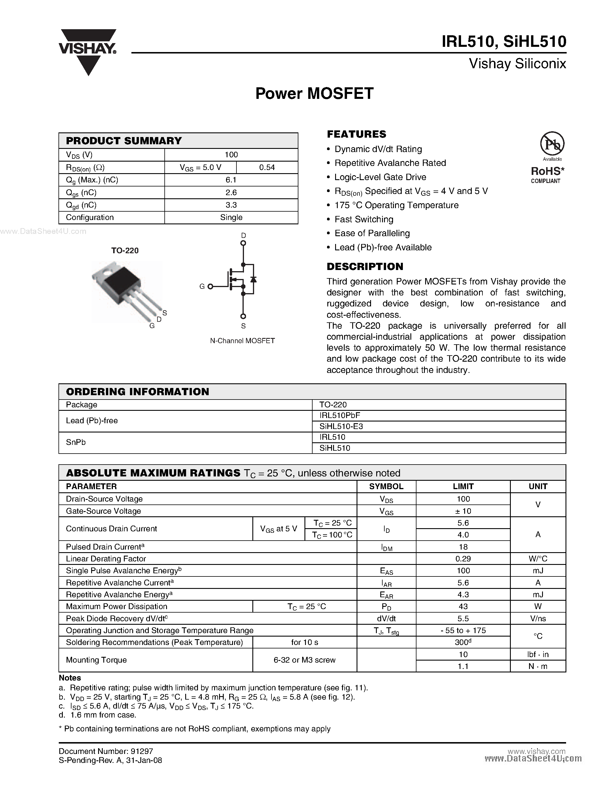 Datasheet IRL510 - Power MOSFET page 1