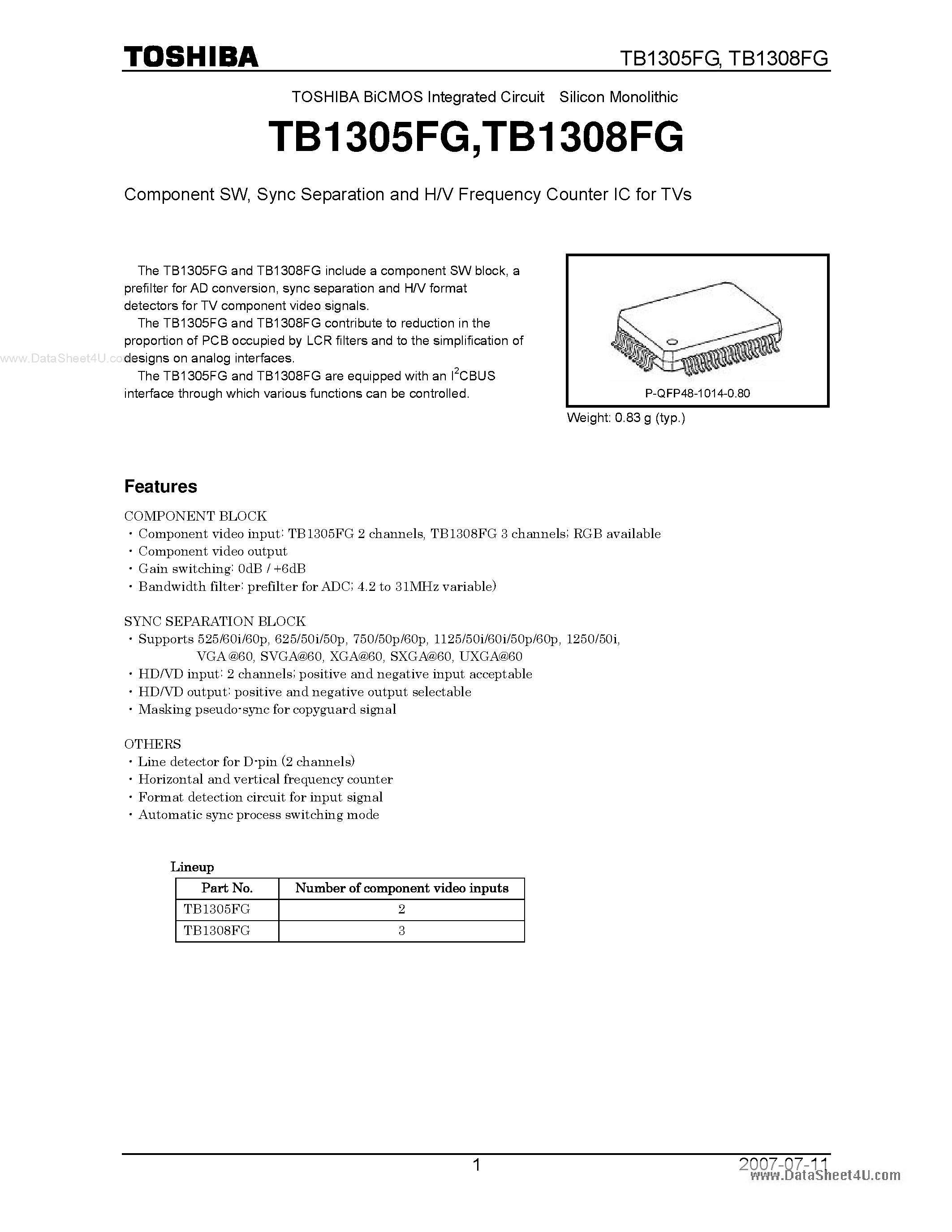 Даташит TB1305FG - (TB1305FG / TB1308FG) Sync Separation and H/V Frequency Counter IC страница 1