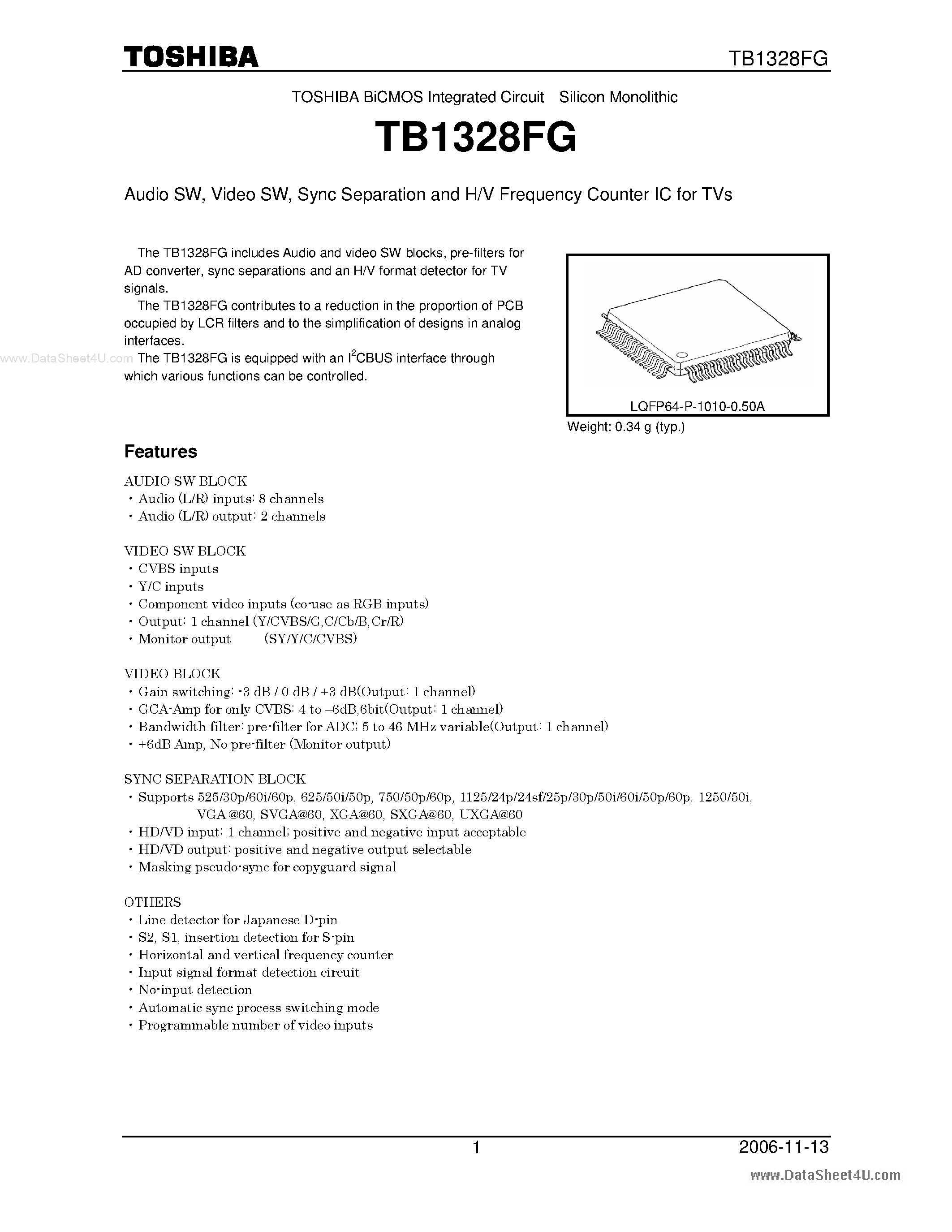 Datasheet TB1328FG - Sync Separation and H/V Frequency Counter IC page 1
