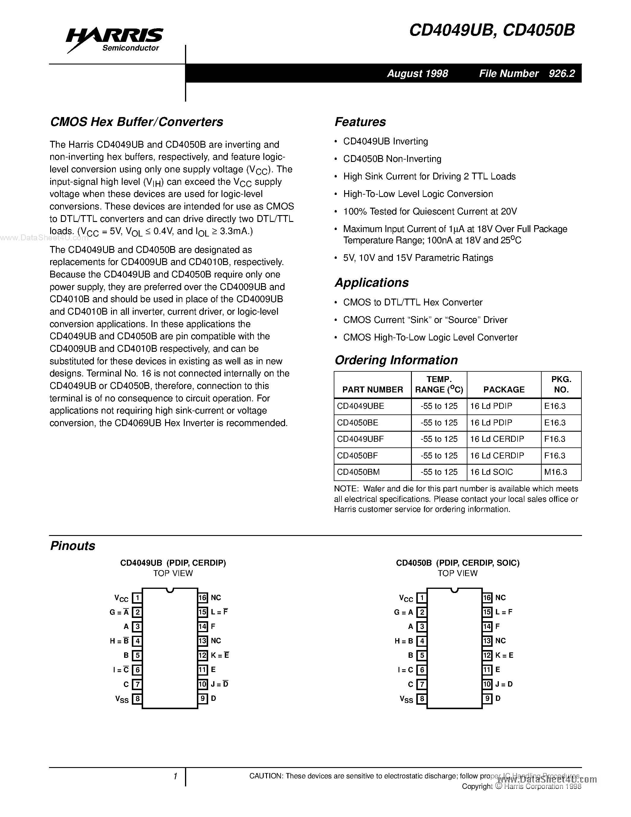 Даташит CD4049UB - (CD4049UB / CD4050B) CMOS Hex Buffer/Converters страница 1