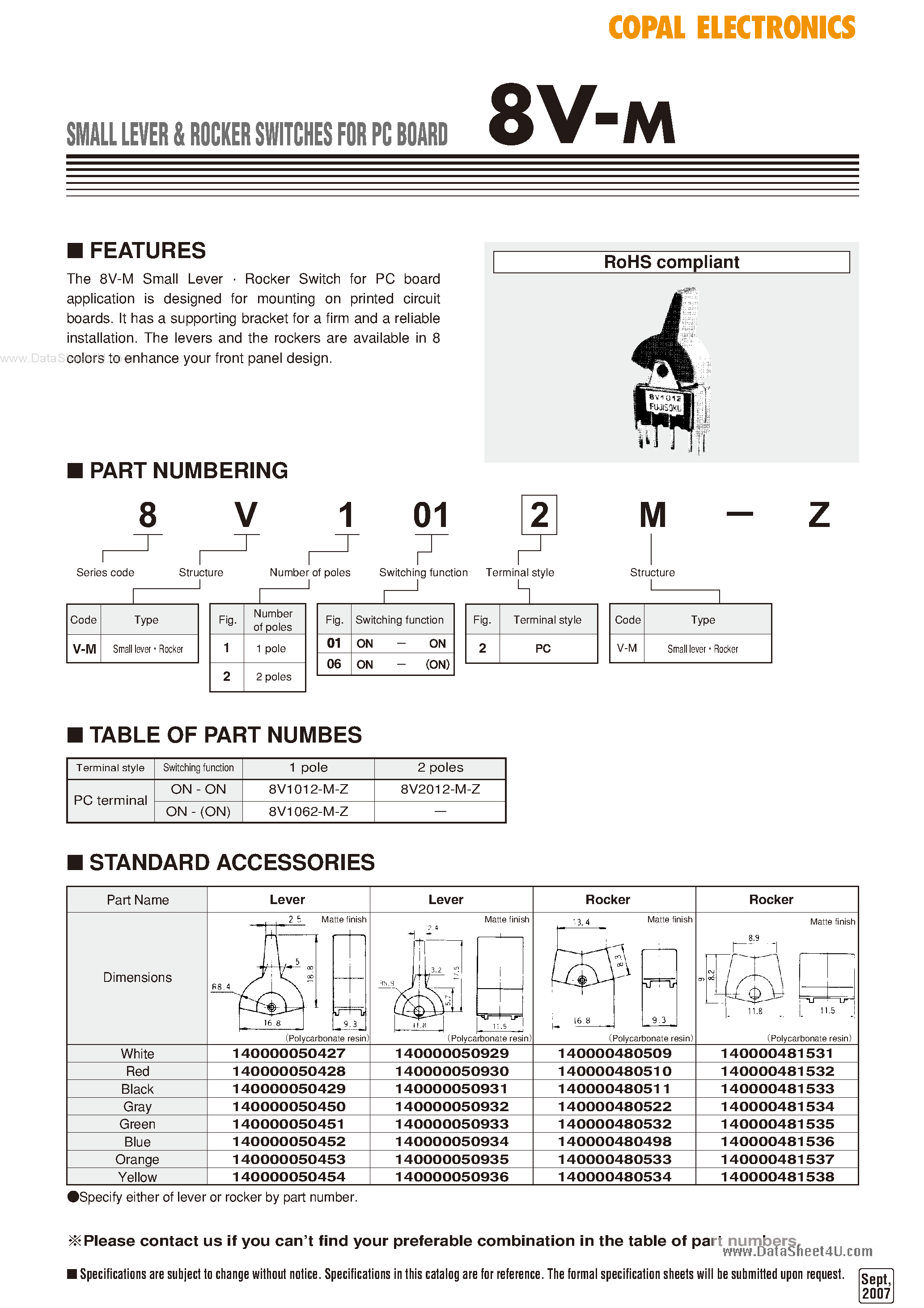 Datasheet 8M2012 - Small Lever and Rocker Switches page 1