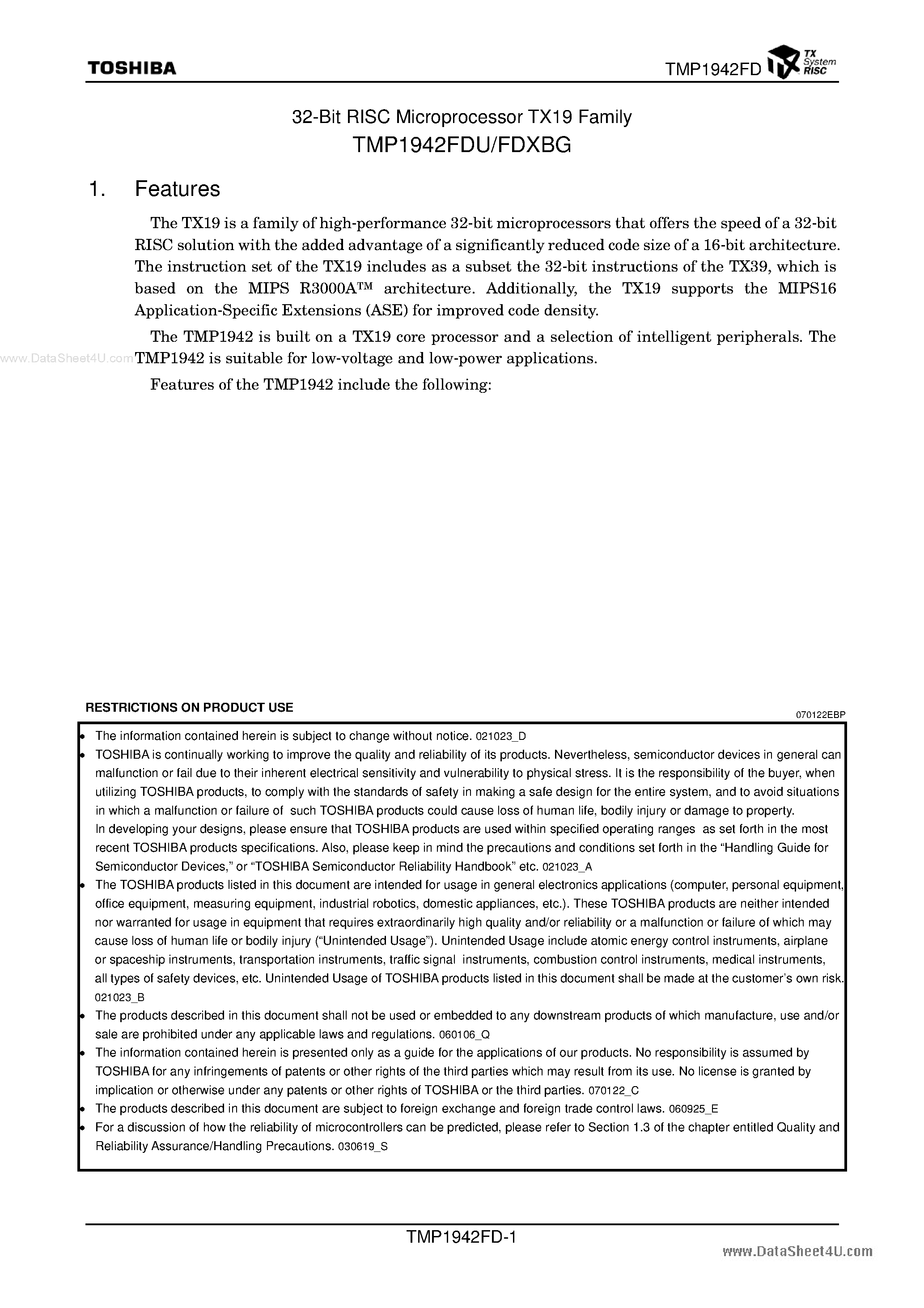 Даташит TMP1942FDU - 32bit TX System RISC страница 2