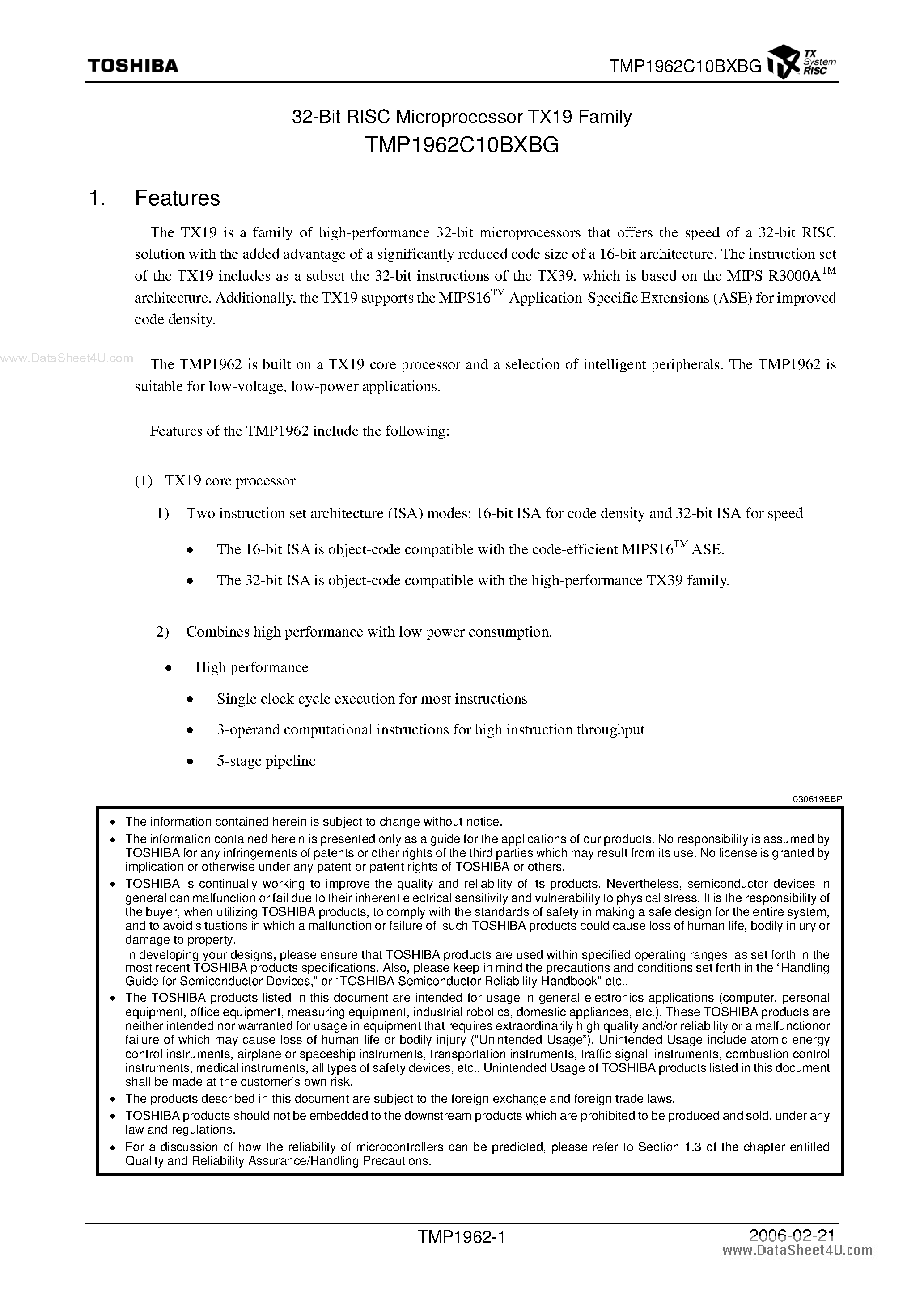 Даташит TMP1962C10BXBG - 32-Bit RISC Microprocessor страница 1