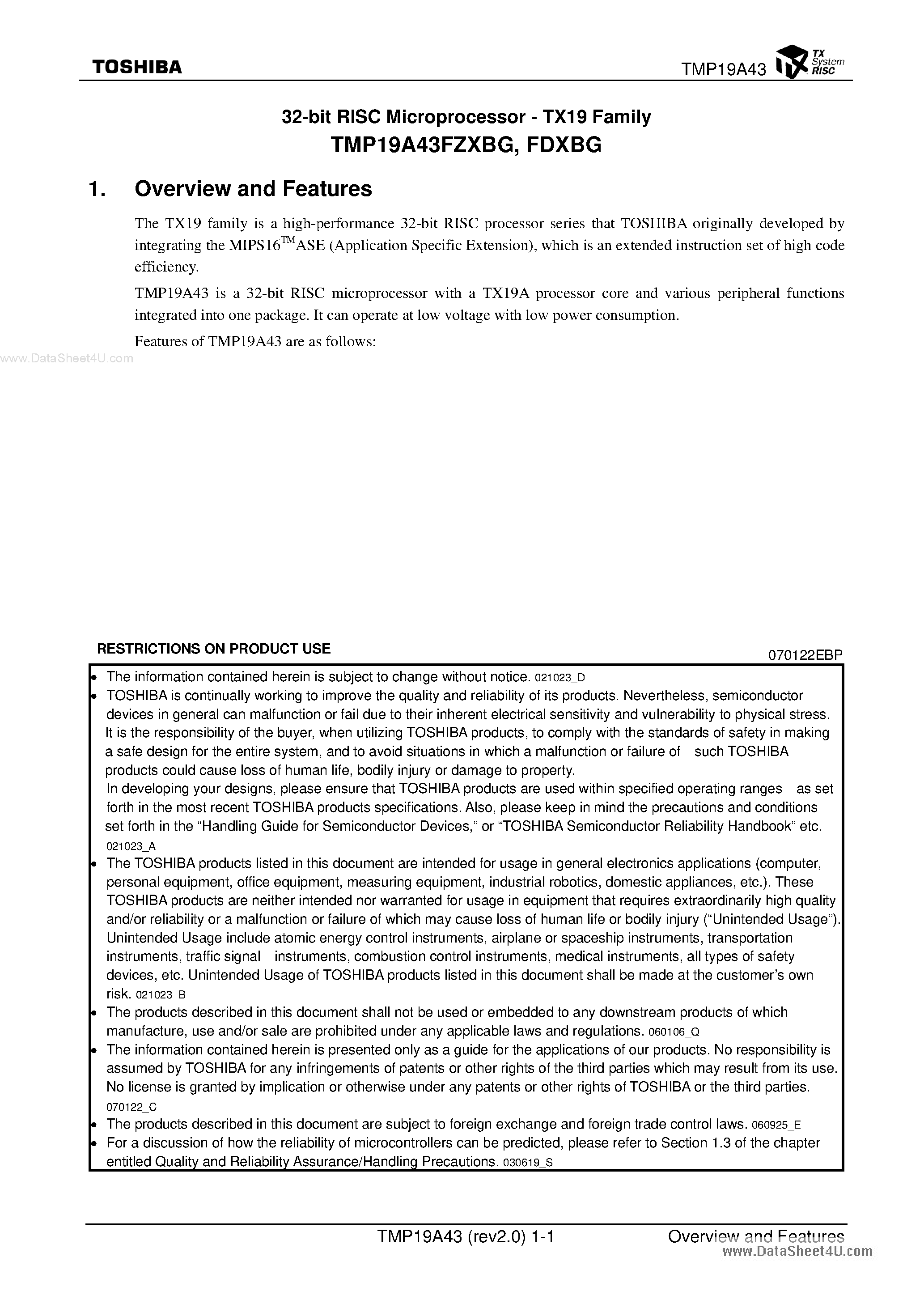 Даташит TMP19A43FD - 32-bit RISC Microprocessor страница 2