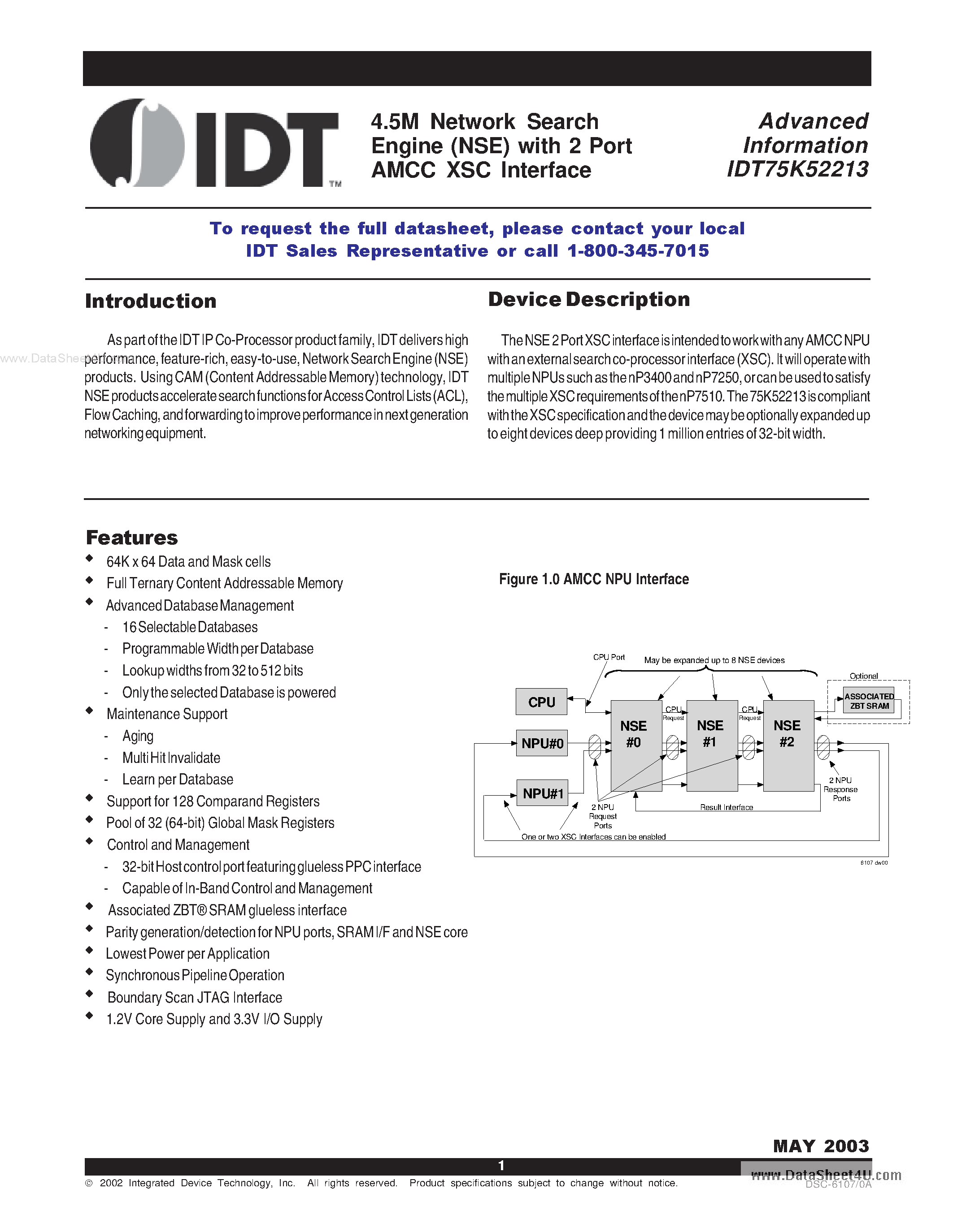 Datasheet IDT75K52213 - 4.5M Network Search Engine (NSE) page 1