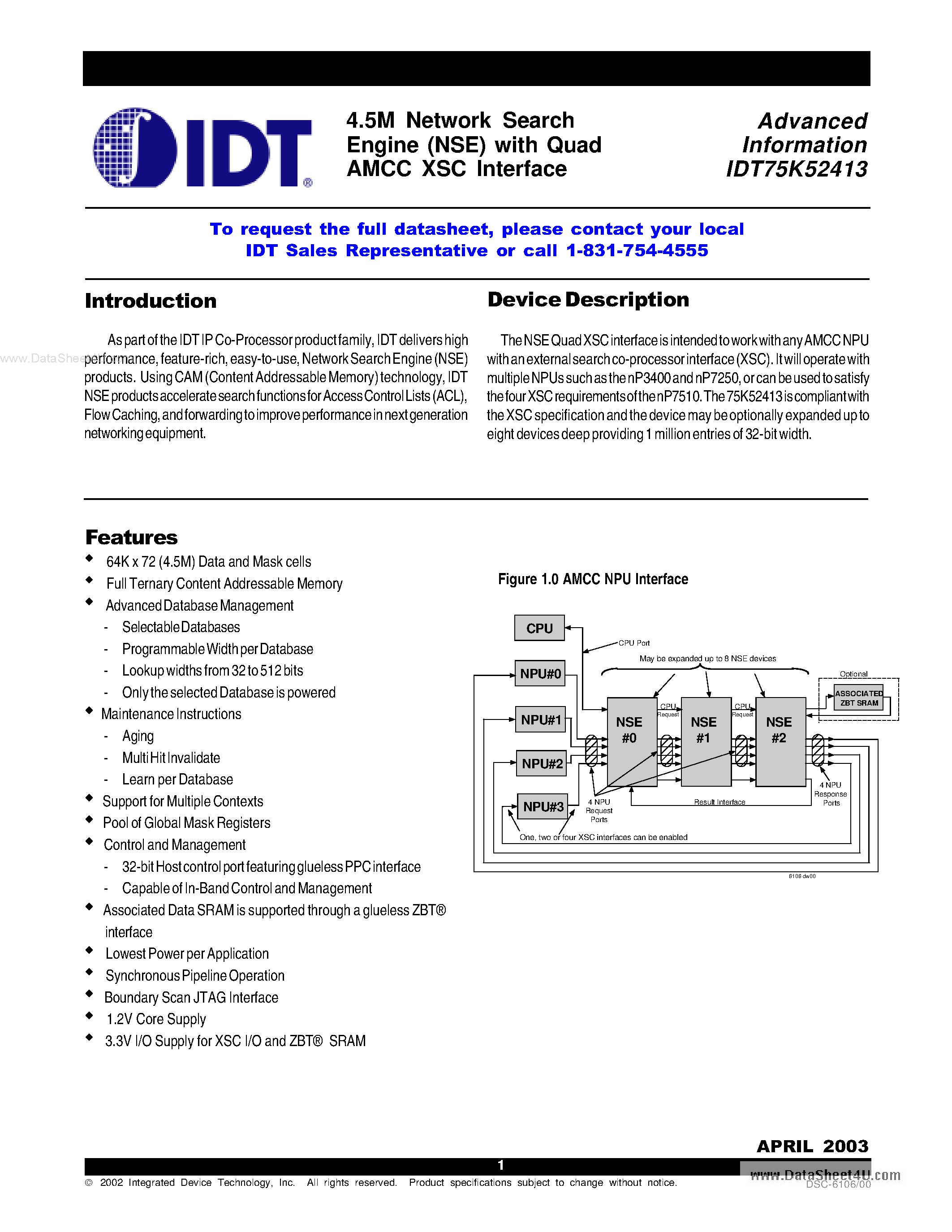 Даташит IDT75K52413 - 4.5M Network Search Engine (NSE) страница 1