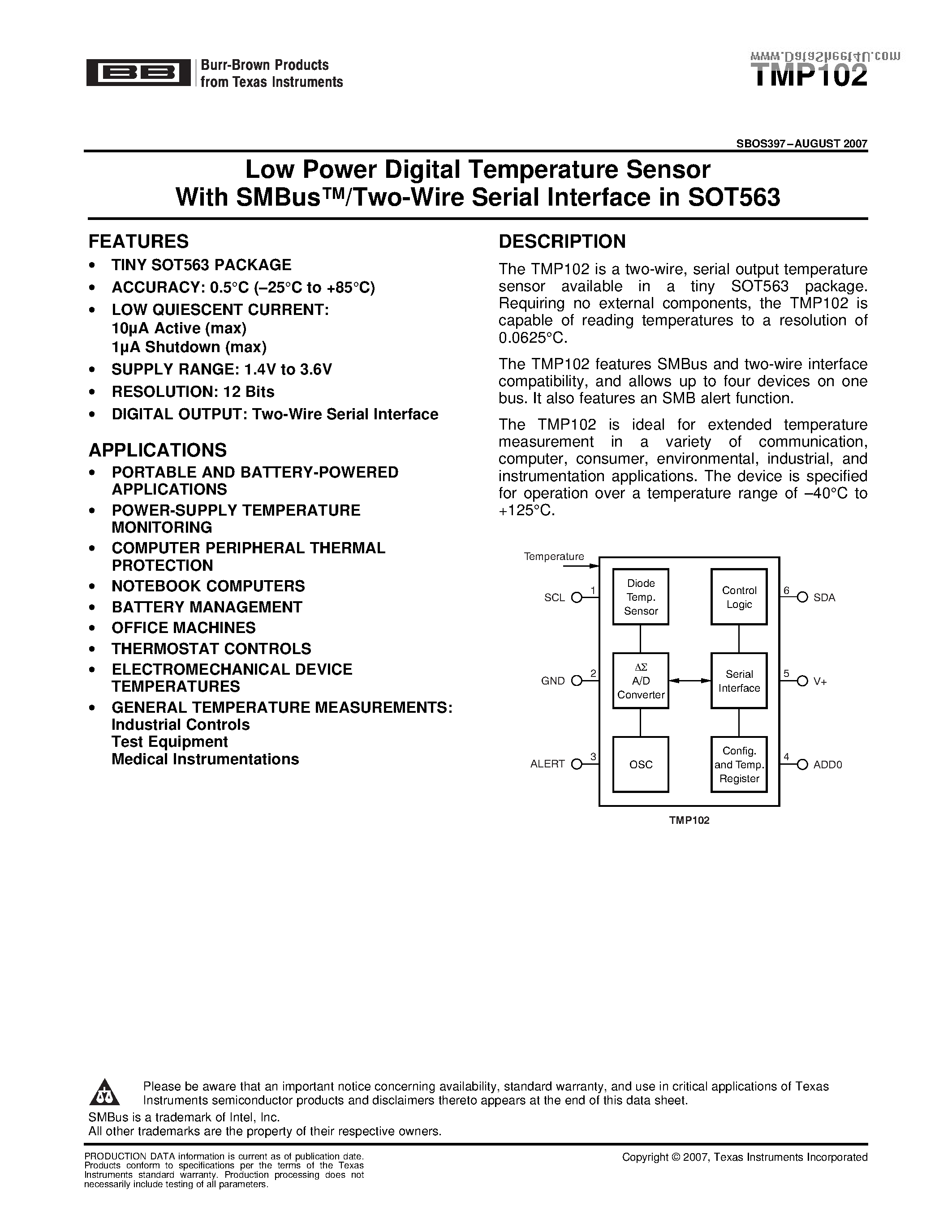 Даташит TMP102 - Low Power Digital Temperature Sensor страница 1