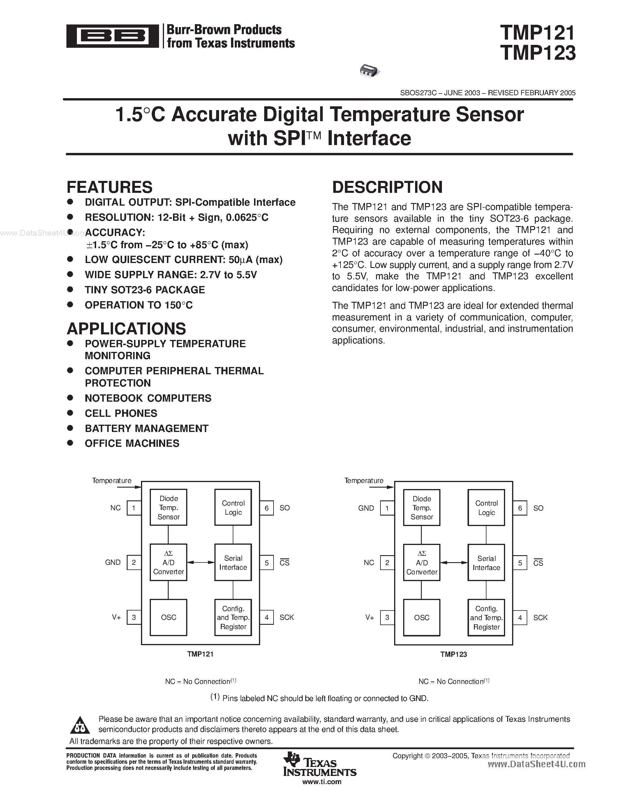 Даташит на микросхему TMP121 страница 1 Даташит TMP121 - (TMP121 / TMP123) 1.5C Accurate Digital Temperature Sensor страница 1