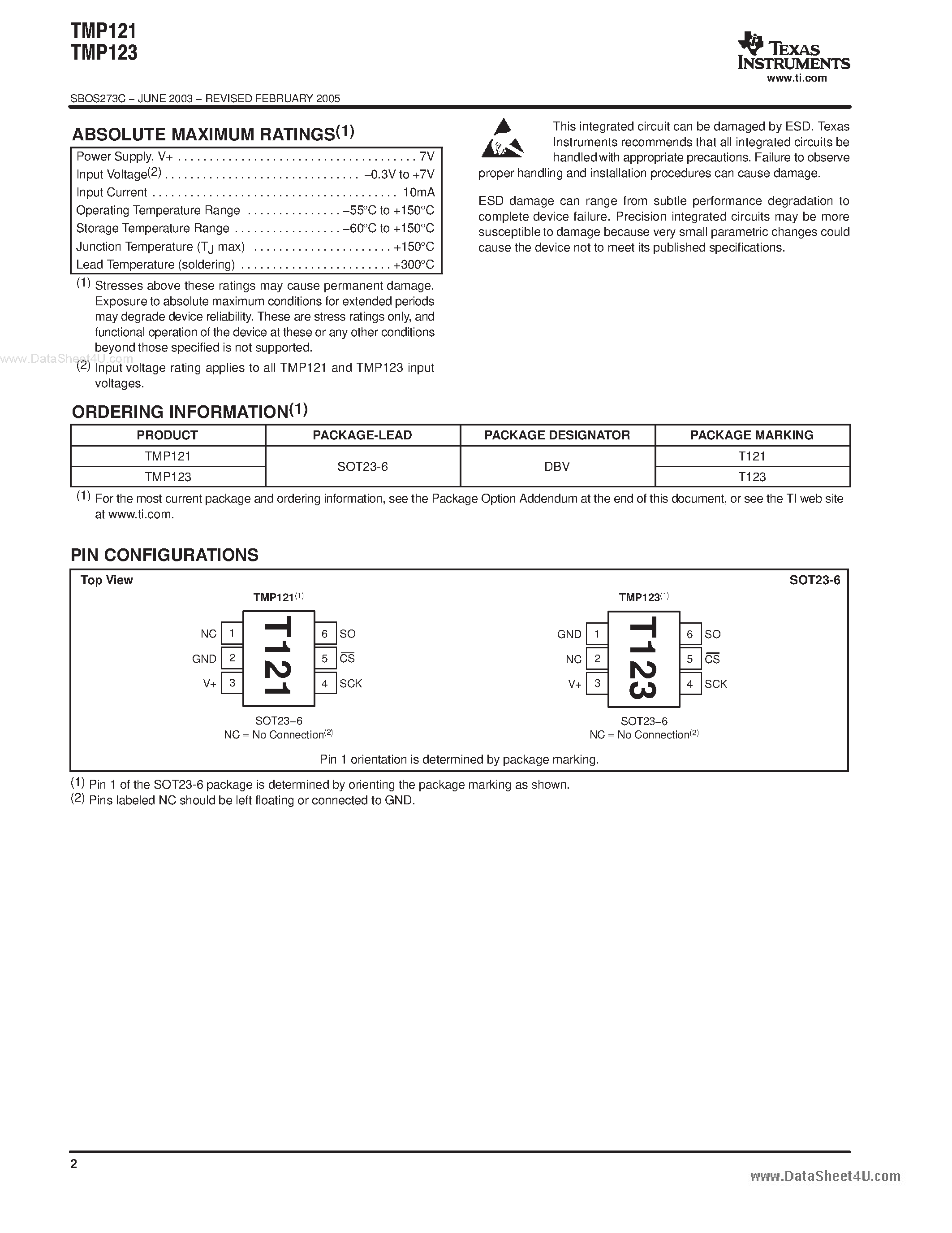 Даташит TMP121 - (TMP121 / TMP123) 1.5C Accurate Digital Temperature Sensor страница 2