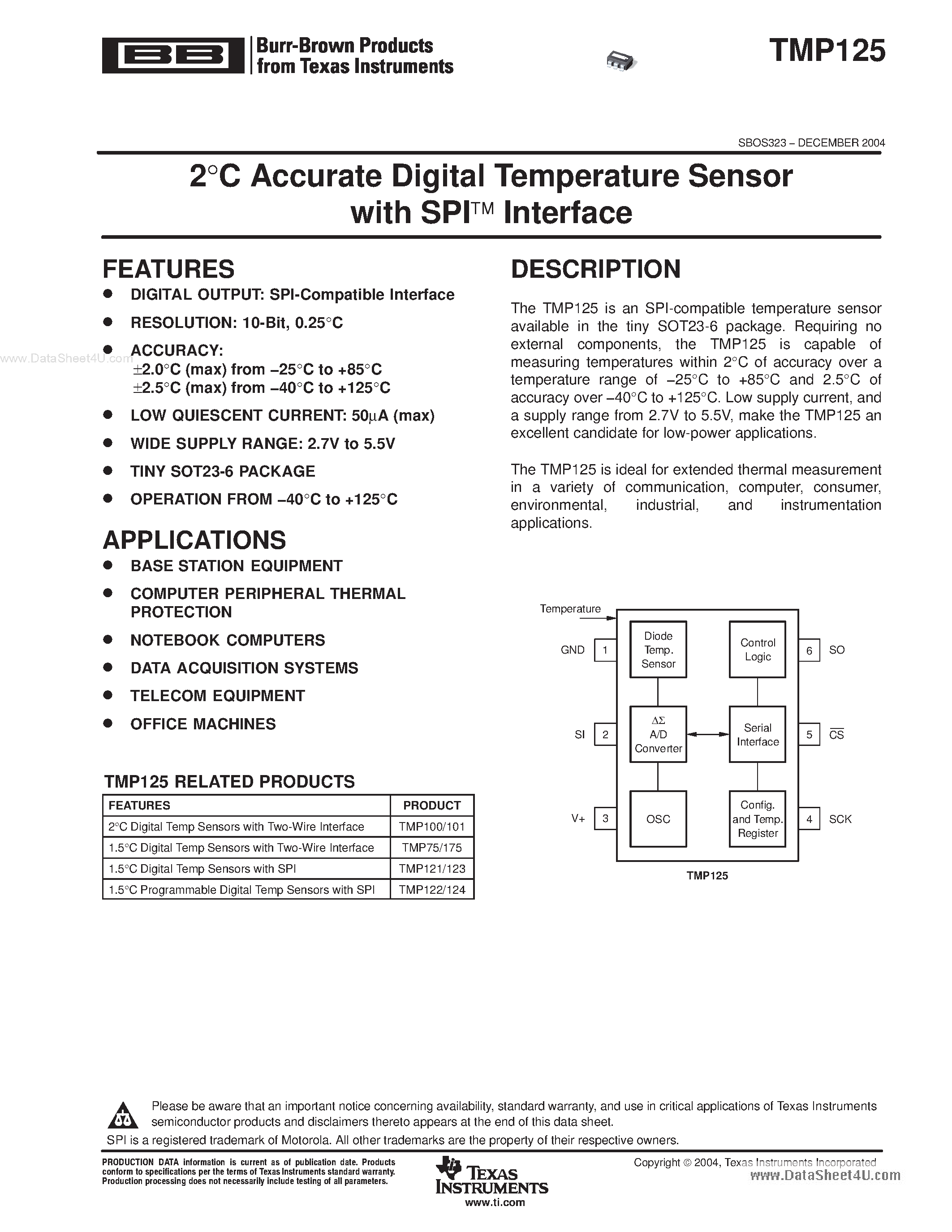 Даташит TMP125 - 2C Accurate Digital Temperature Sensor страница 1