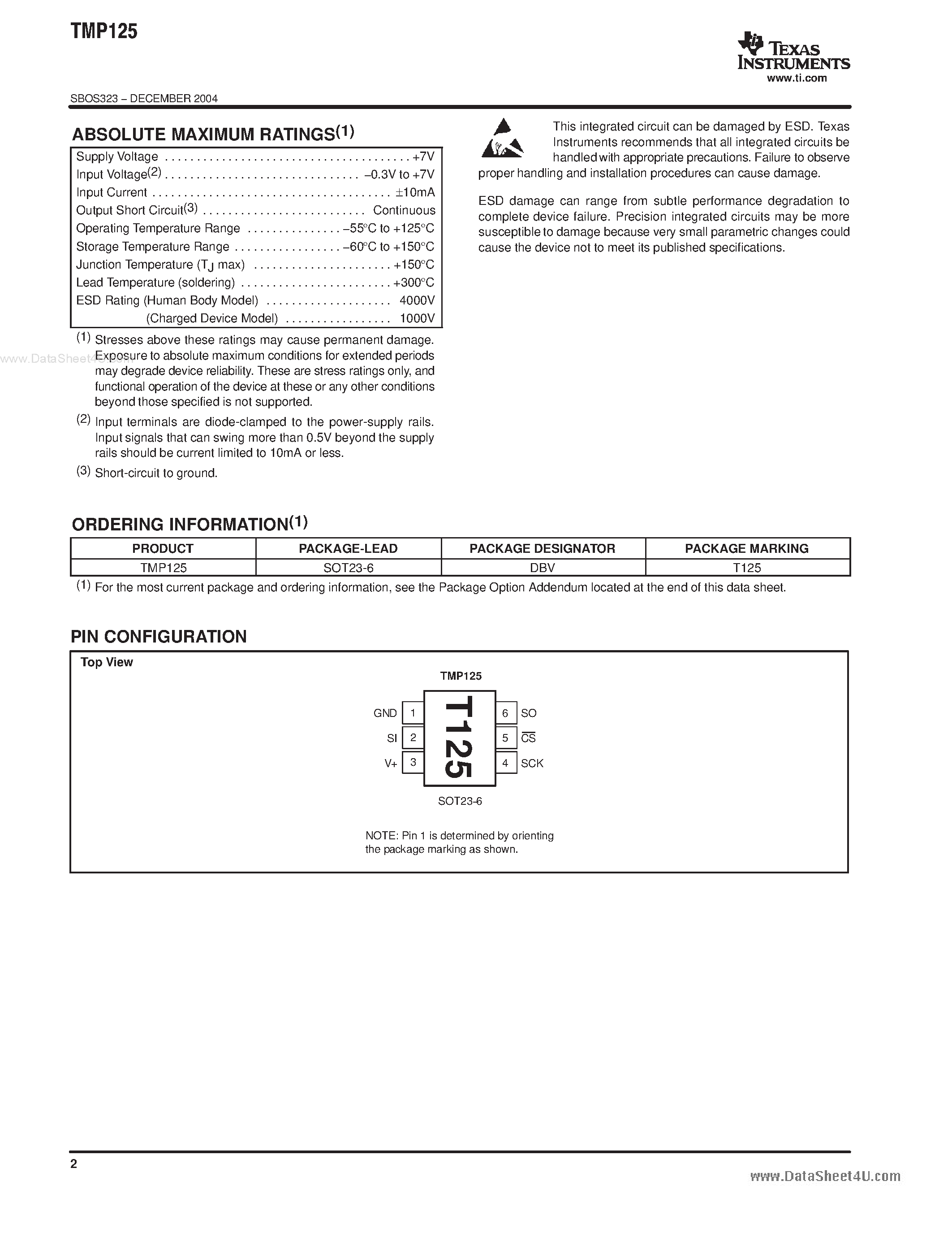 Даташит TMP125 - 2C Accurate Digital Temperature Sensor страница 2