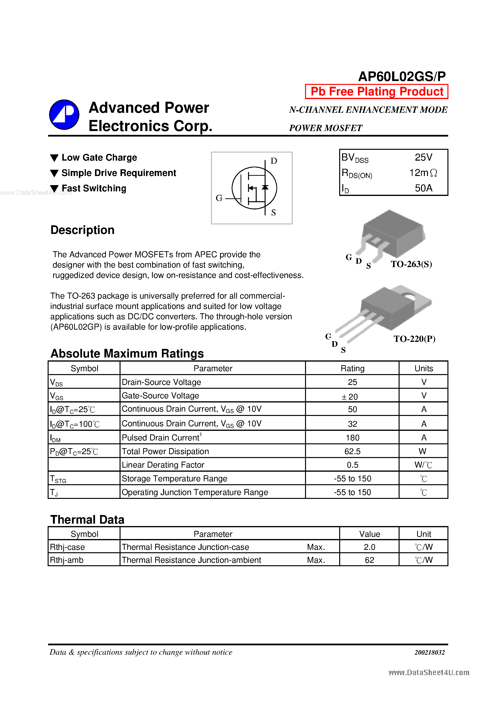 Datasheet AP60L02GP - N-CHANNEL ENHANCEMENT MODE POWER MOSFET page 1