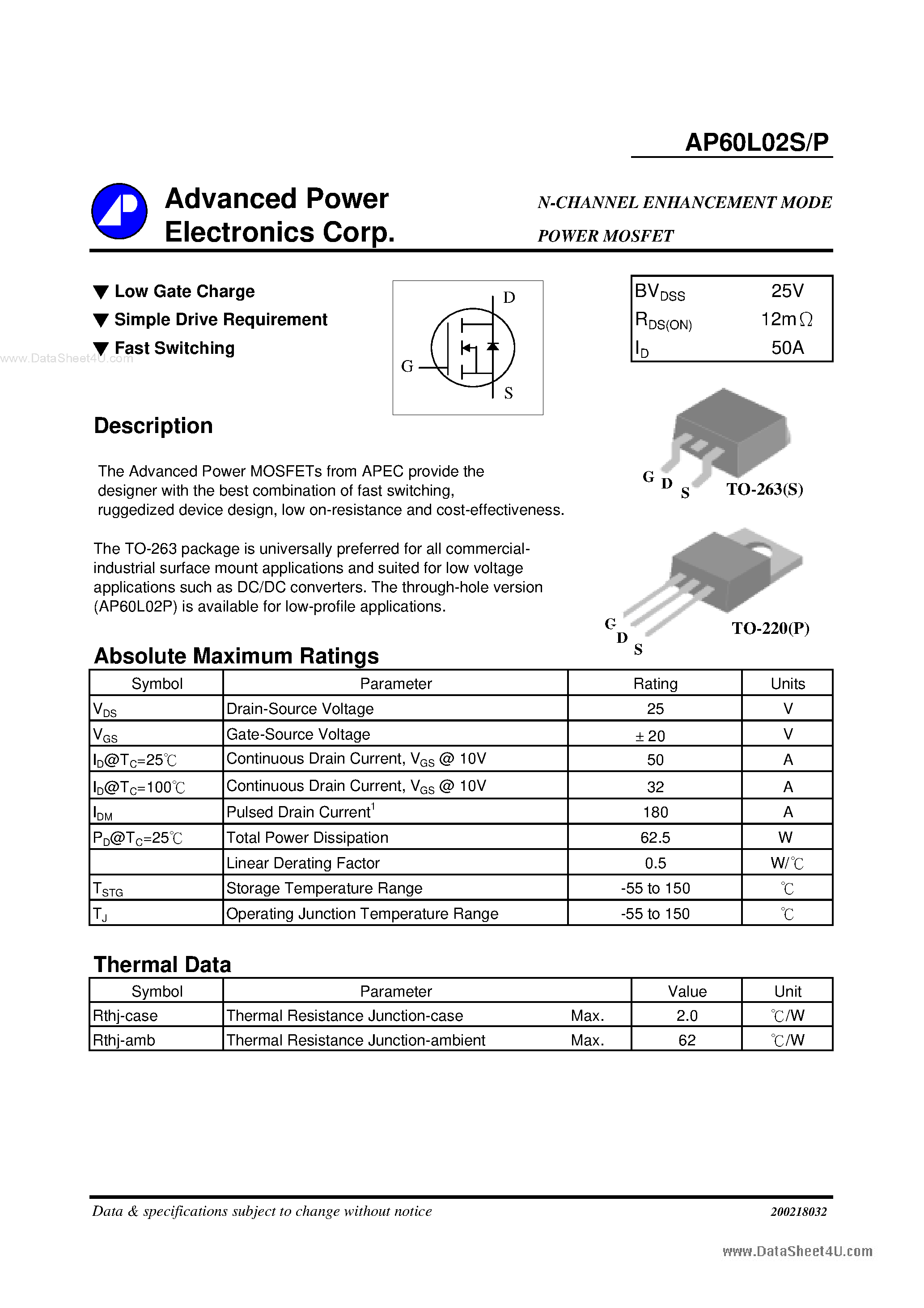 Datasheet AP60L02P - N-CHANNEL ENHANCEMENT MODE POWER MOSFET page 1
