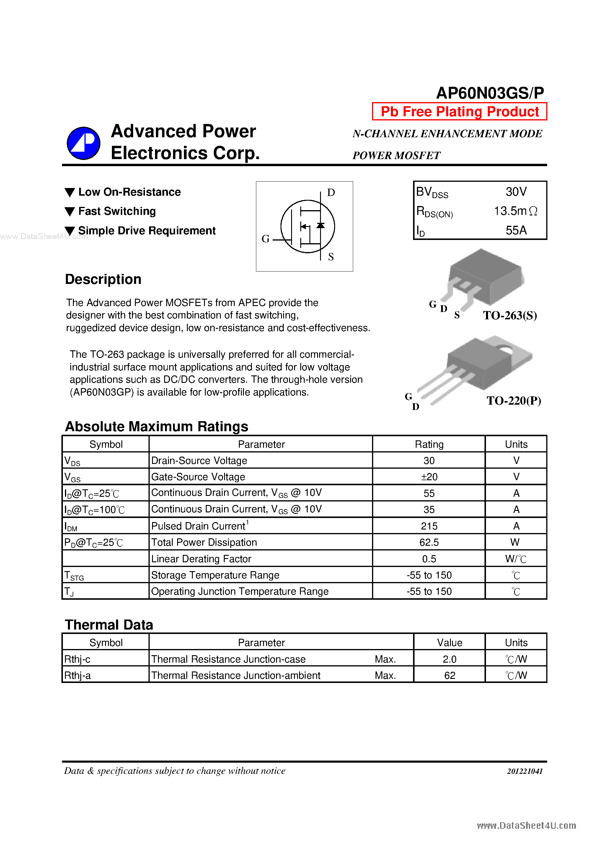 Datasheet AP60N03GP - N-CHANNEL ENHANCEMENT MODE POWER MOSFET page 1