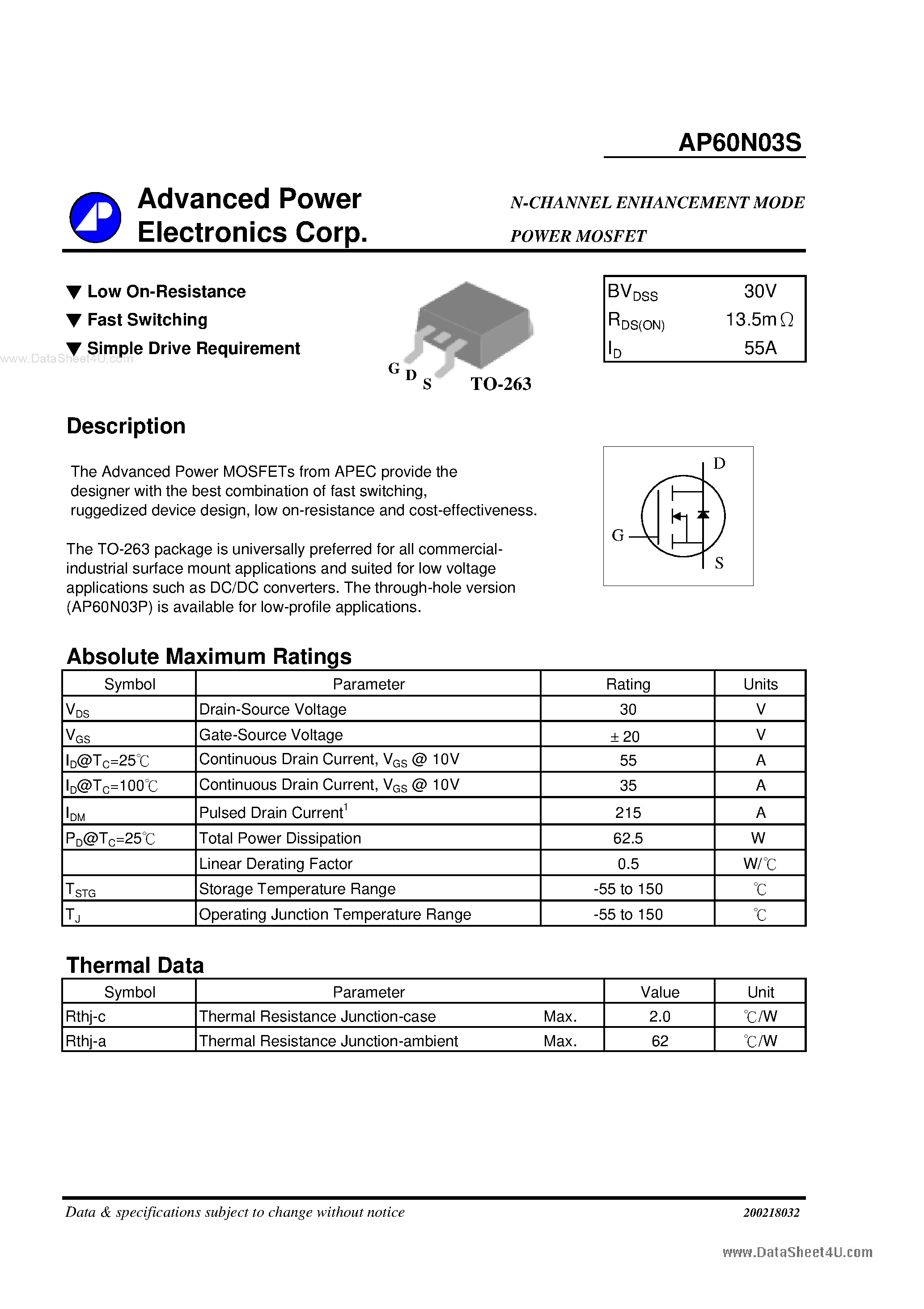 Datasheet AP60N03S - N-CHANNEL ENHANCEMENT MODE POWER MOSFET page 1