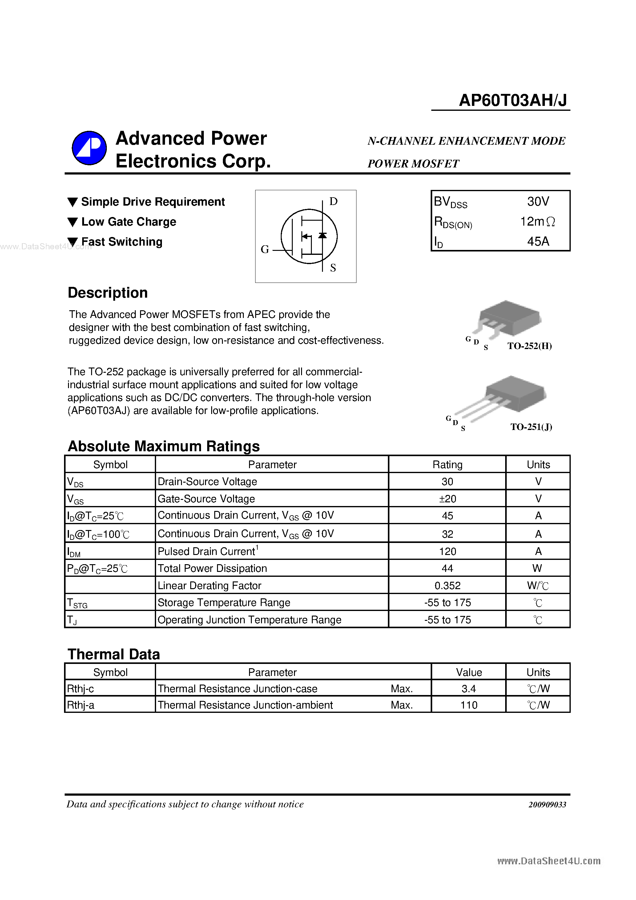Datasheet AP60T03AH - N-CHANNEL ENHANCEMENT MODE POWER MOSFET page 1