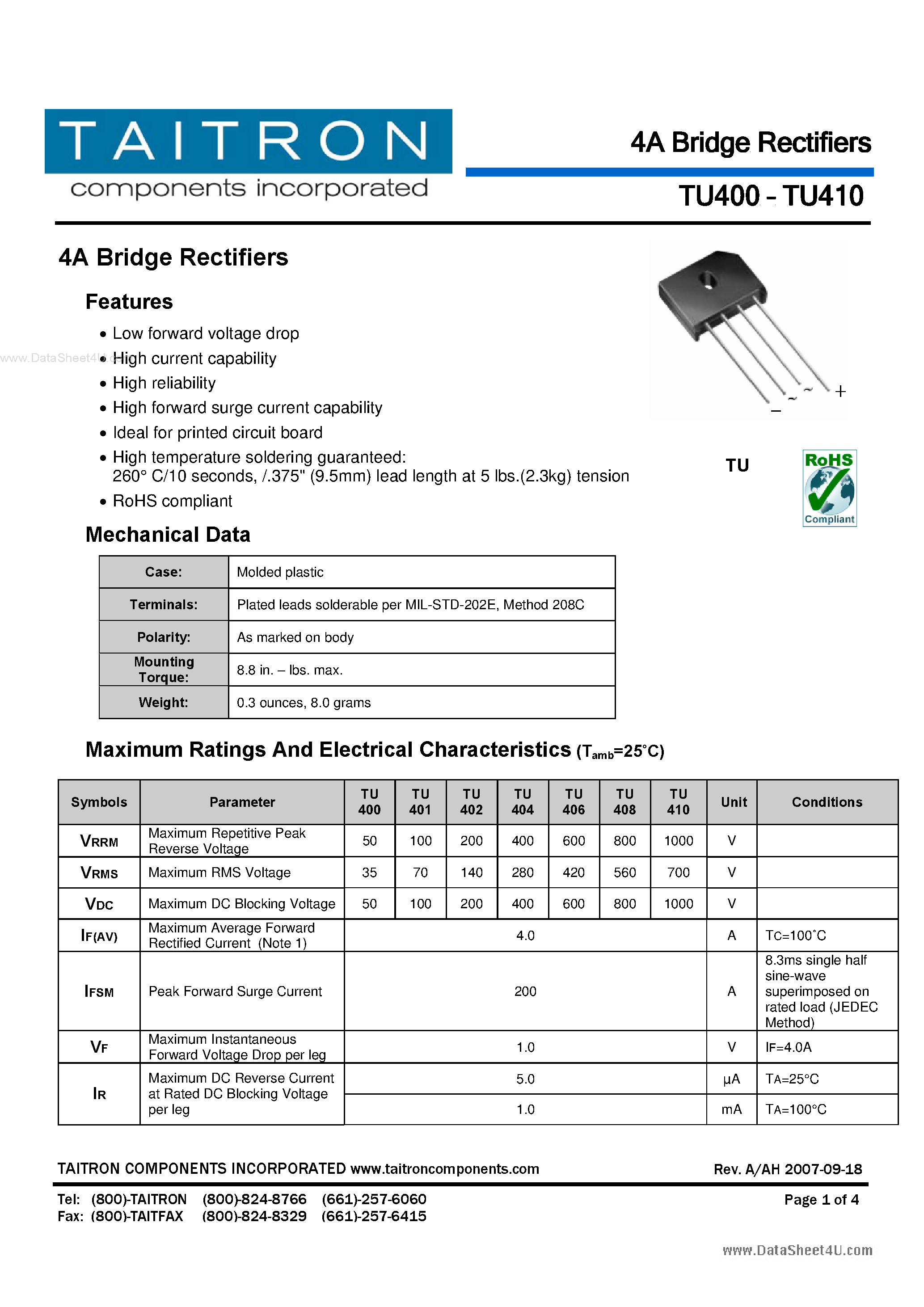 Datasheet TU400 - (TU400 - TU410) 4A Bridge Rectifiers page 1