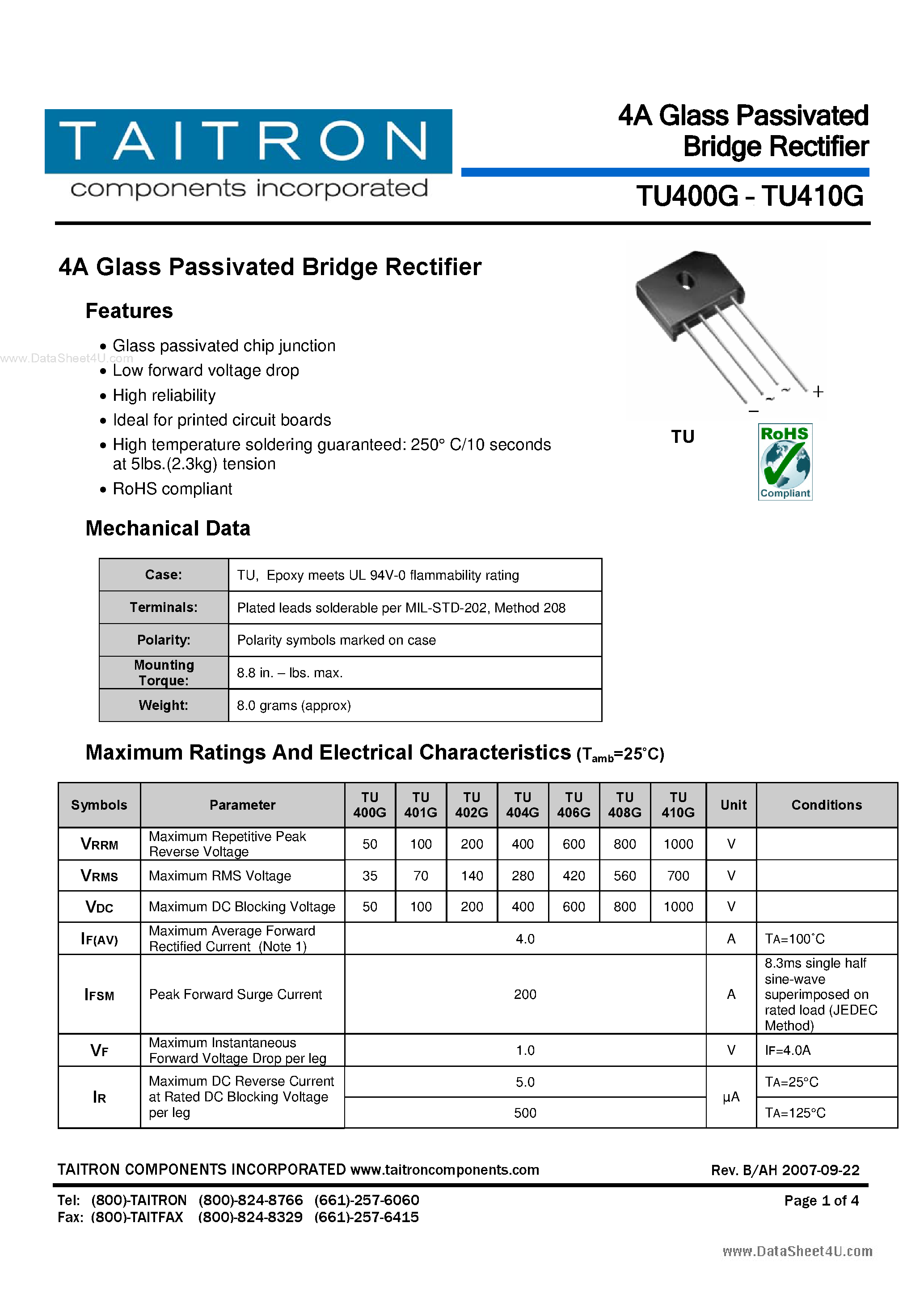 Datasheet TU400G - (TU400G - TU410G) 4A Glass Passivated Bridge Rectifier page 1