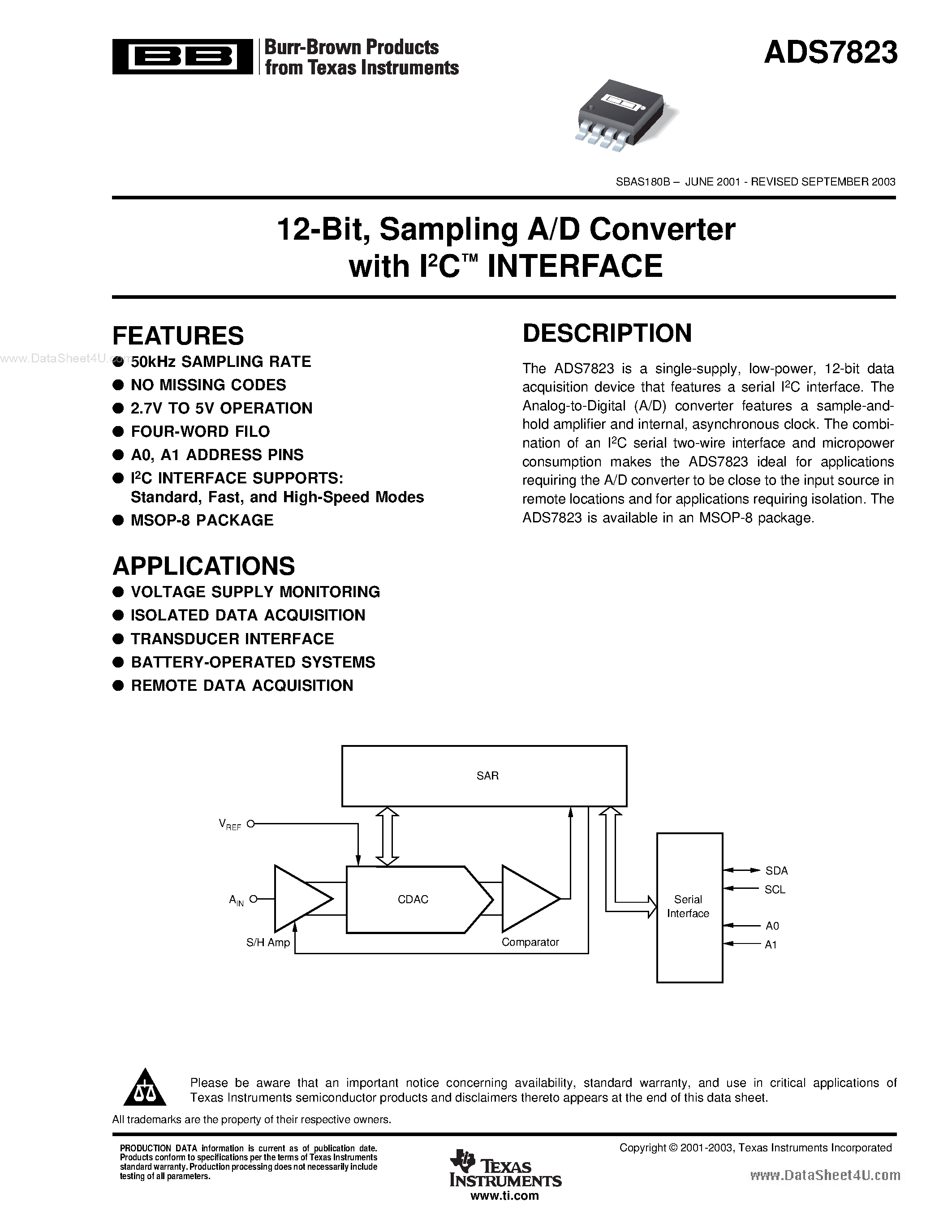 Datasheet ADS7823 - Sampling A/D Converter page 1