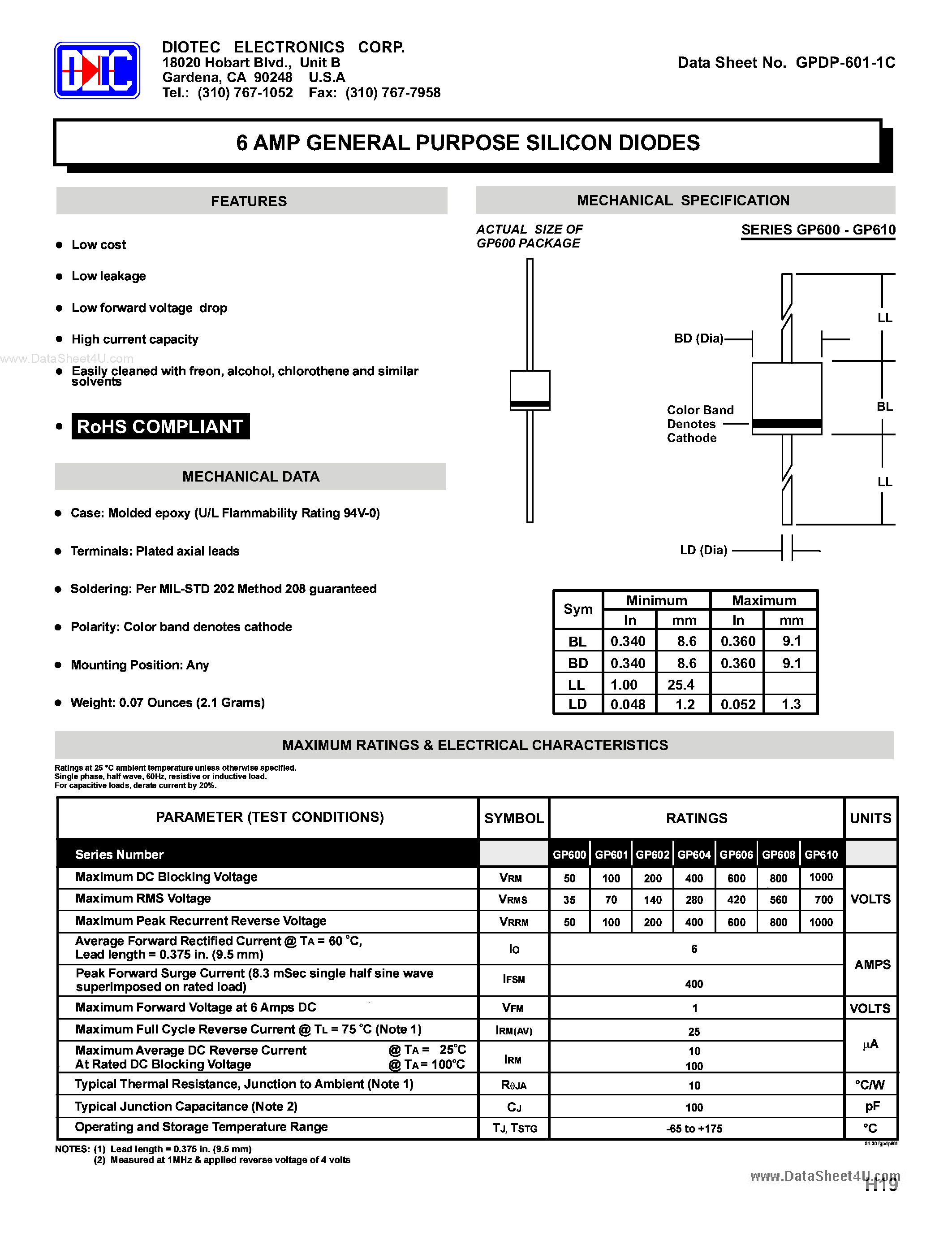 Datasheet GP600 - (GP600 - GP610) 6 AMP GENERAL PURPOSE SILICON DIODES page 1