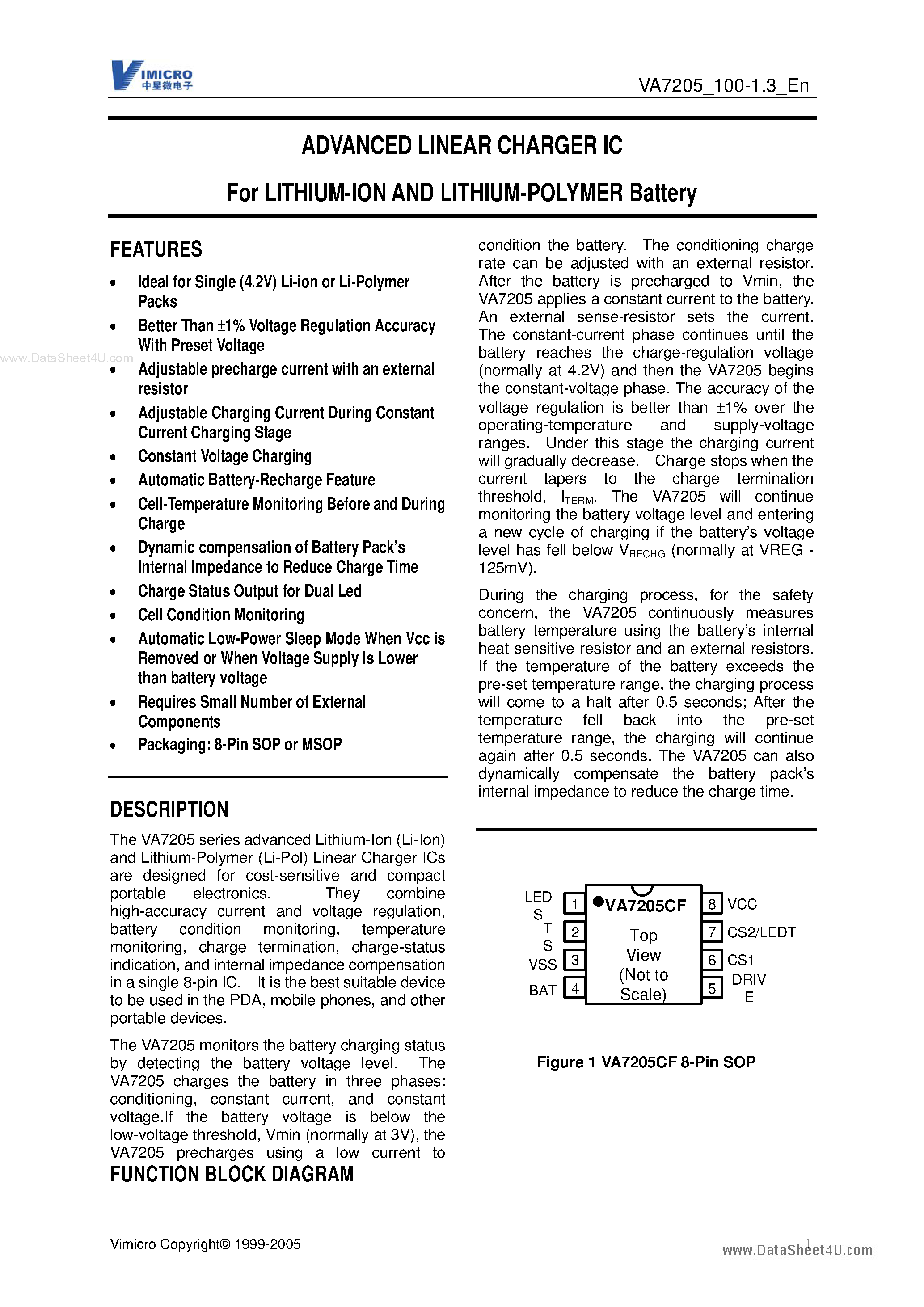 Datasheet VA7205 page 1 Datasheet VA7205 - Advanced Linear Charger IC page 1