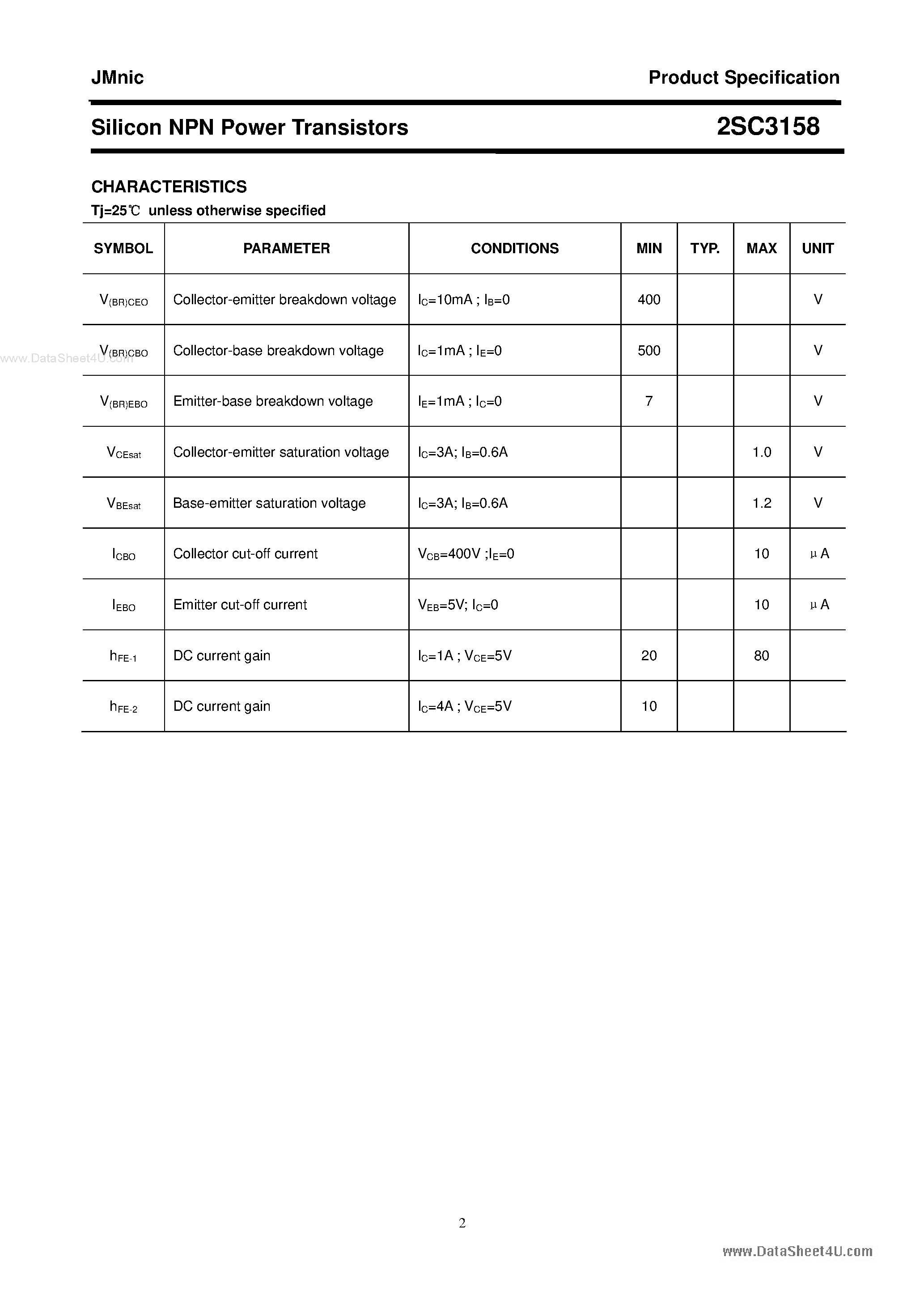 Datasheet 2SC3158 page 2 Datasheet 2SC3158 - Silicon NPN Power Transistors page 2