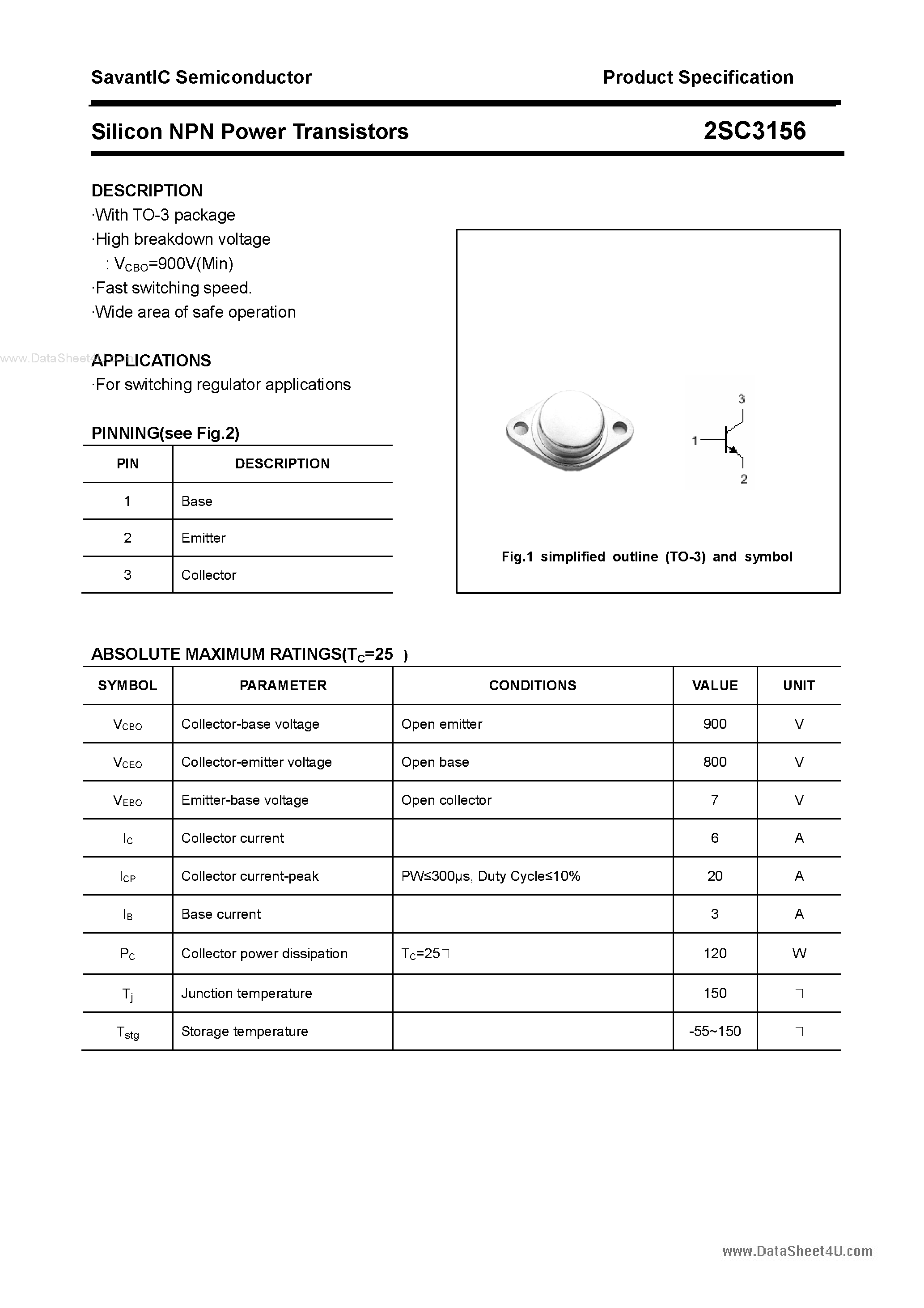 Даташит 2SC3156 - Silicon NPN Power Transistors страница 1