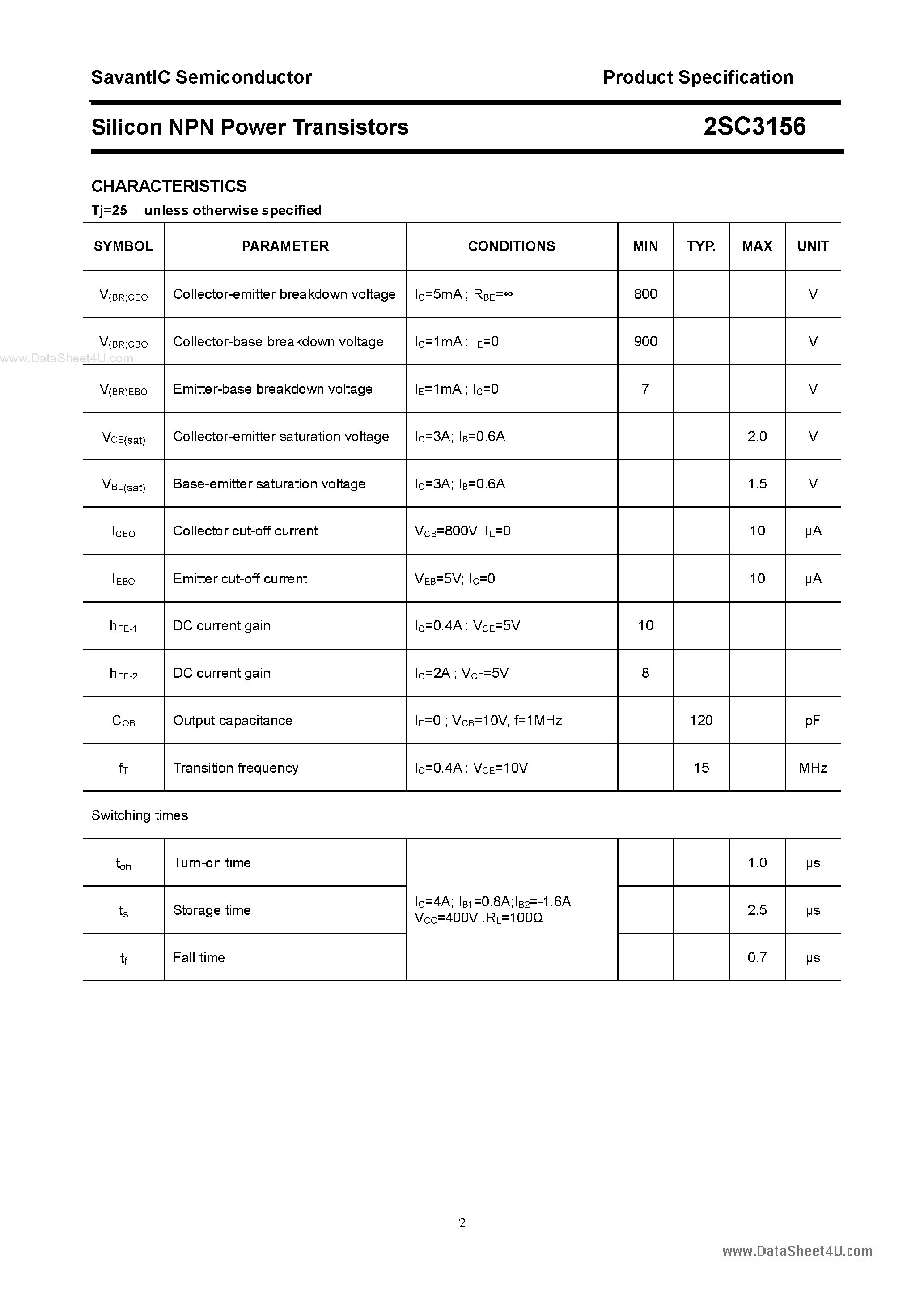 Даташит 2SC3156 - Silicon NPN Power Transistors страница 2