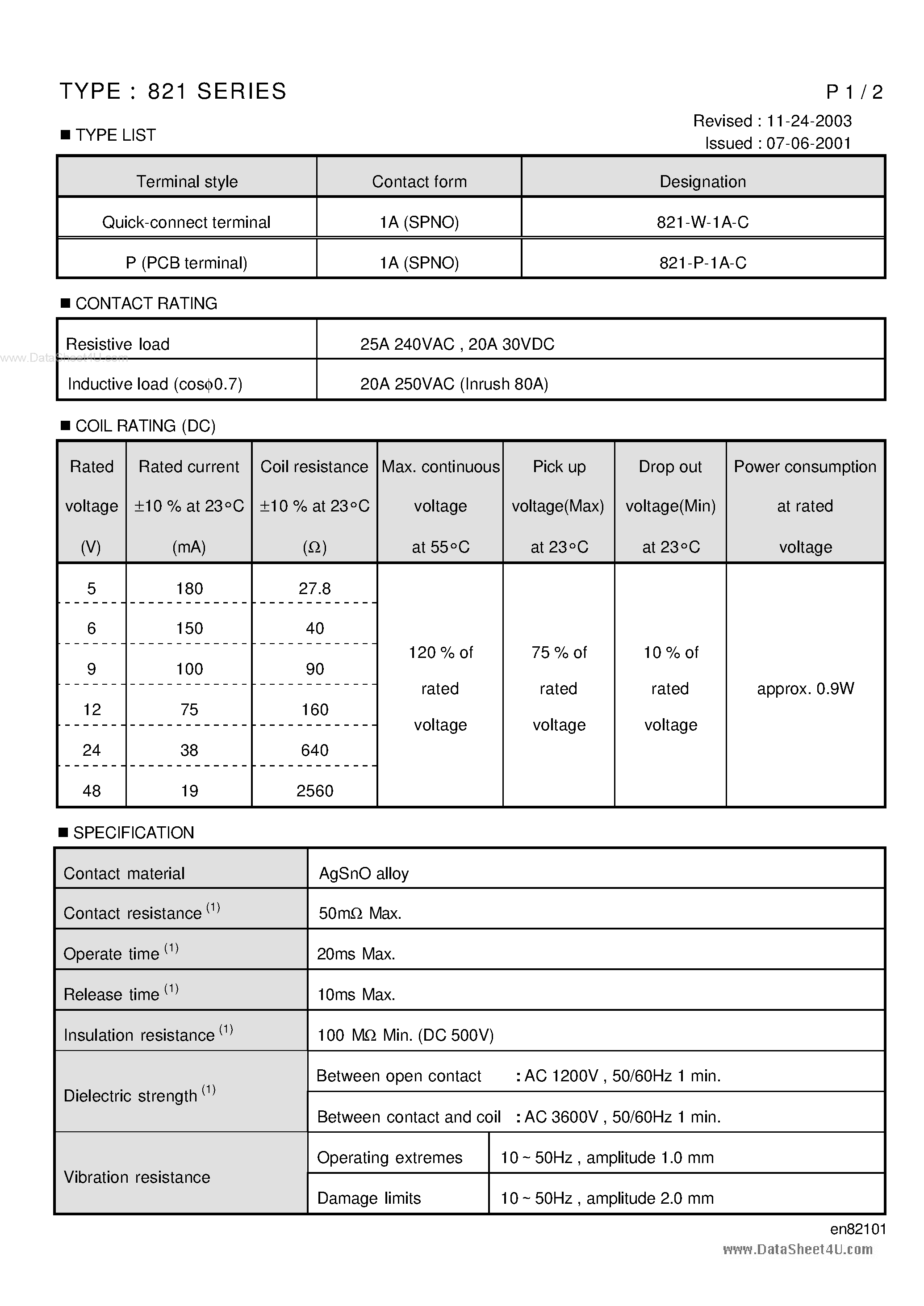 Datasheet 821-P-1A-C page 1 Datasheet 821-P-1A-C - 821 Series page 1