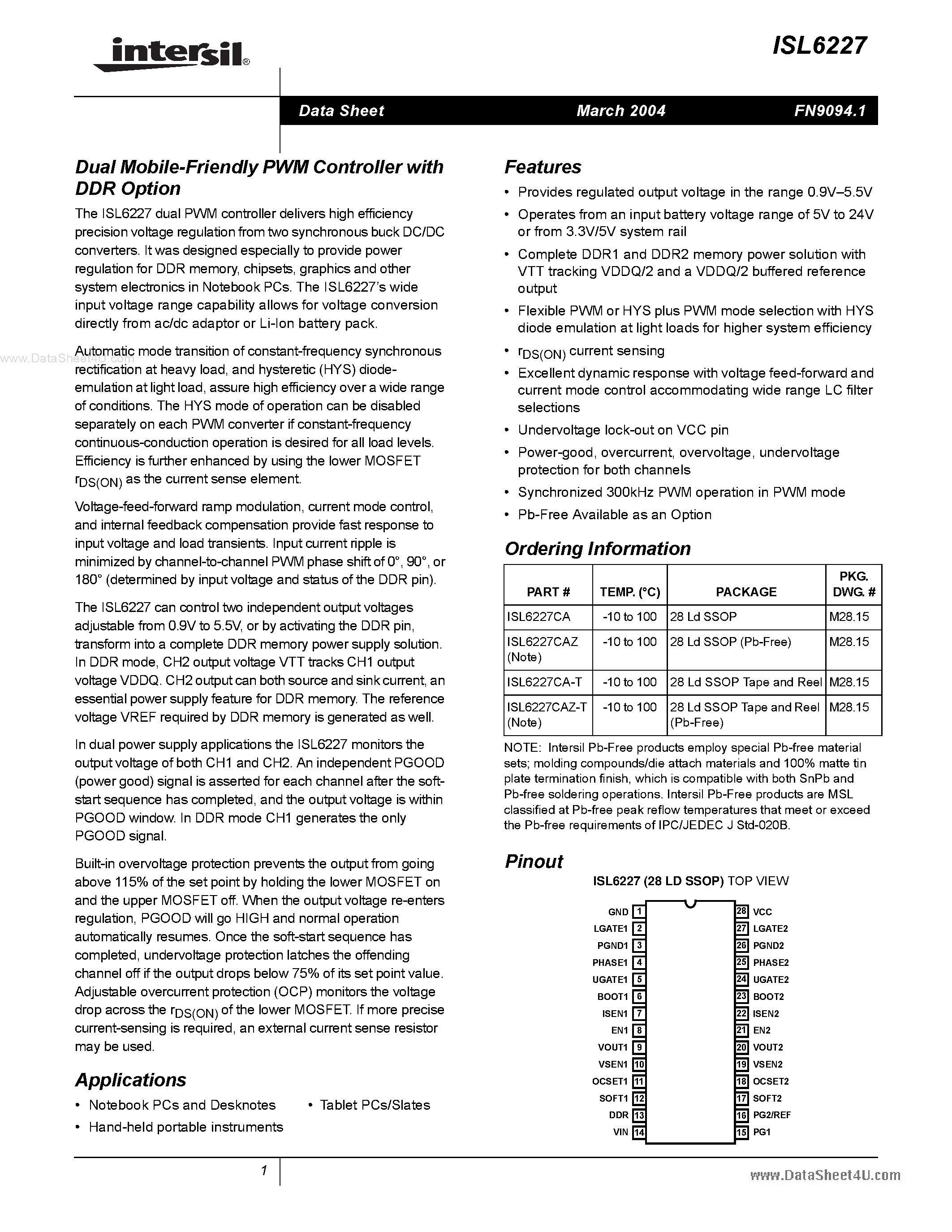 Datasheet 6227CAZ - Search -----> ISL6227CAZ page 1