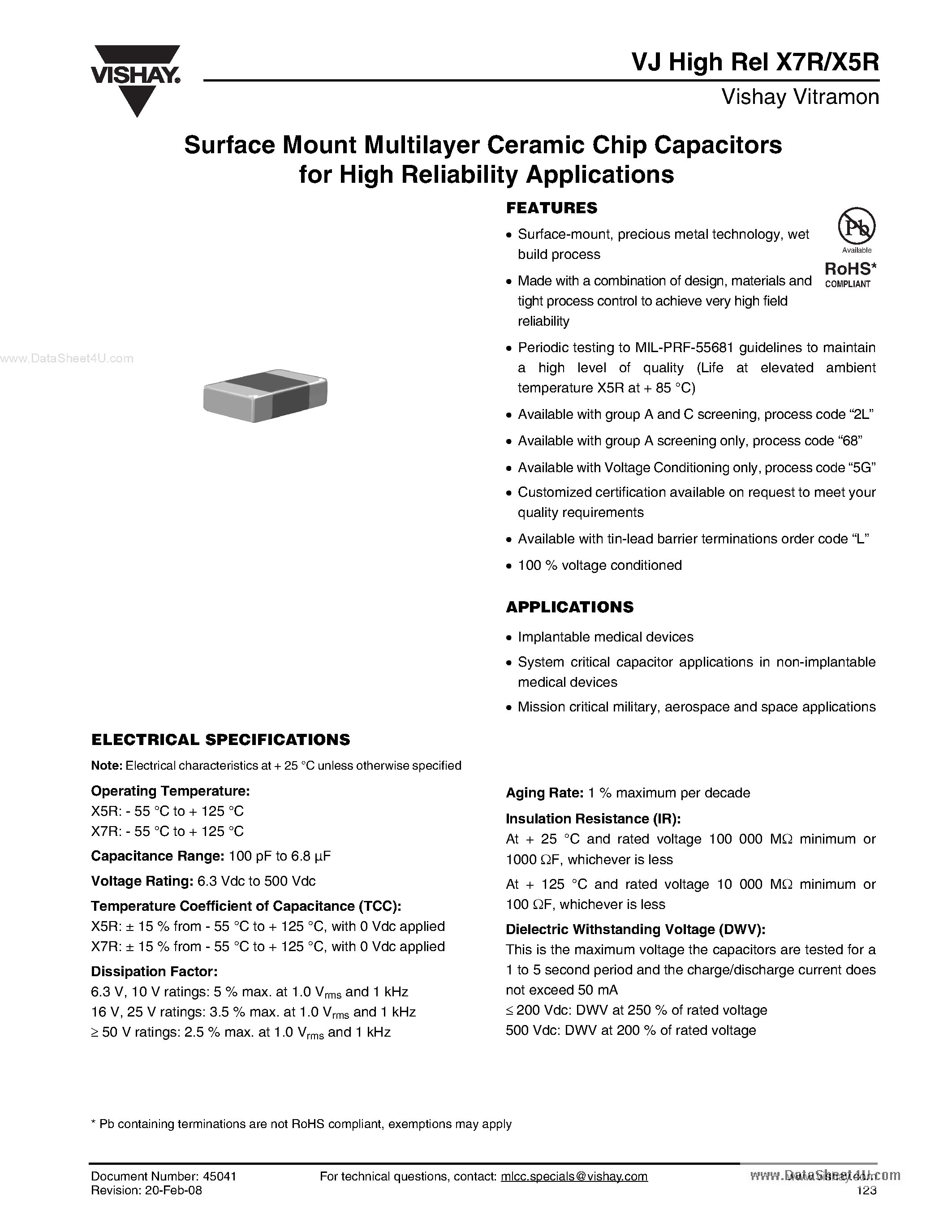 Даташит VJ0805xxxxxx - Surface Mount Multilayer Ceramic Chip Capacitors страница 1