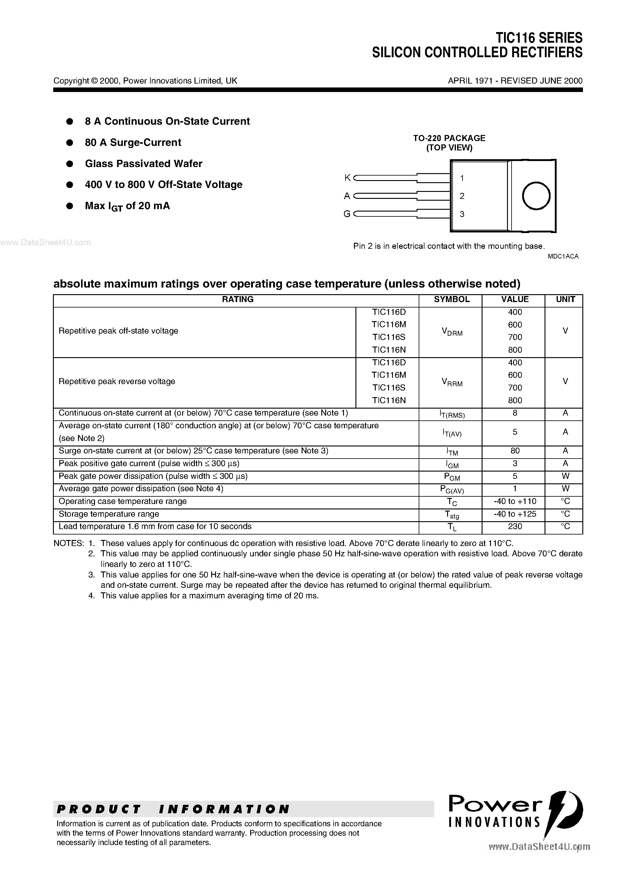 Datasheet TLC116D - SILICON CONTROLLED RECTIFIERS page 1