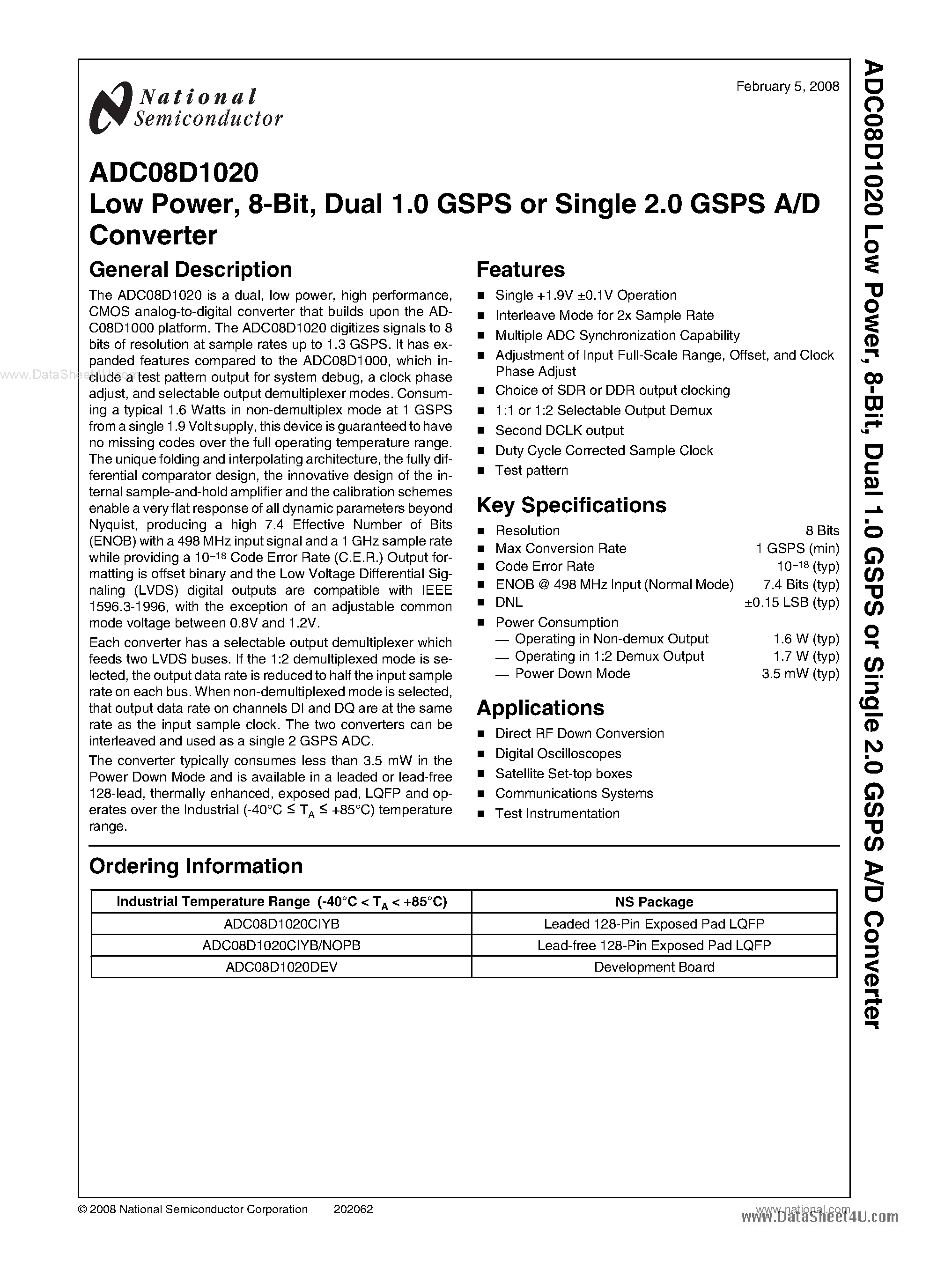 Datasheet ADC08D1020 page 1 Datasheet ADC08D1020 - Dual 1.0 GSPS or Single 2.0 GSPS A/D Converter page 1
