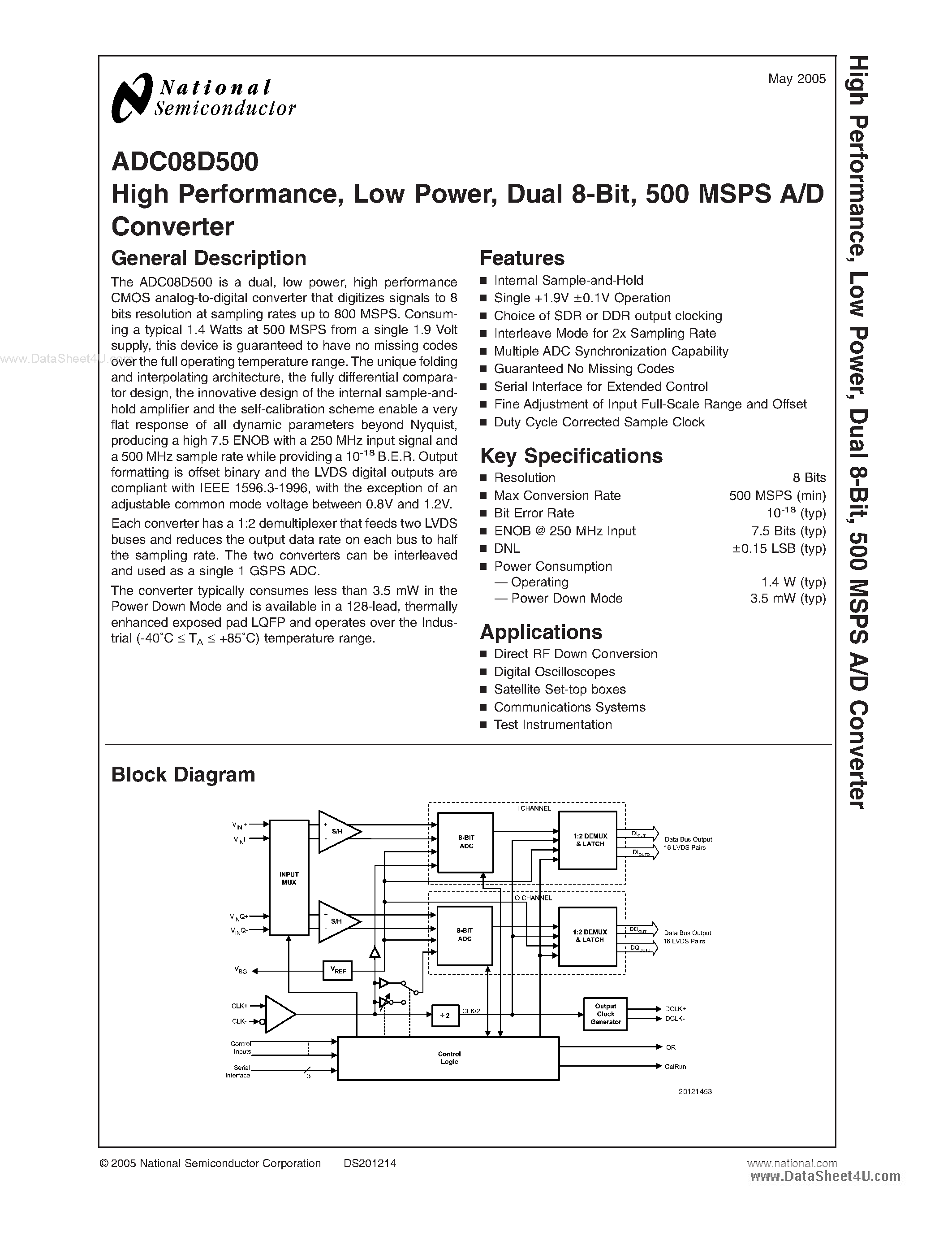 Datasheet ADC08D500 - 500 MSPS A/D Converter page 1