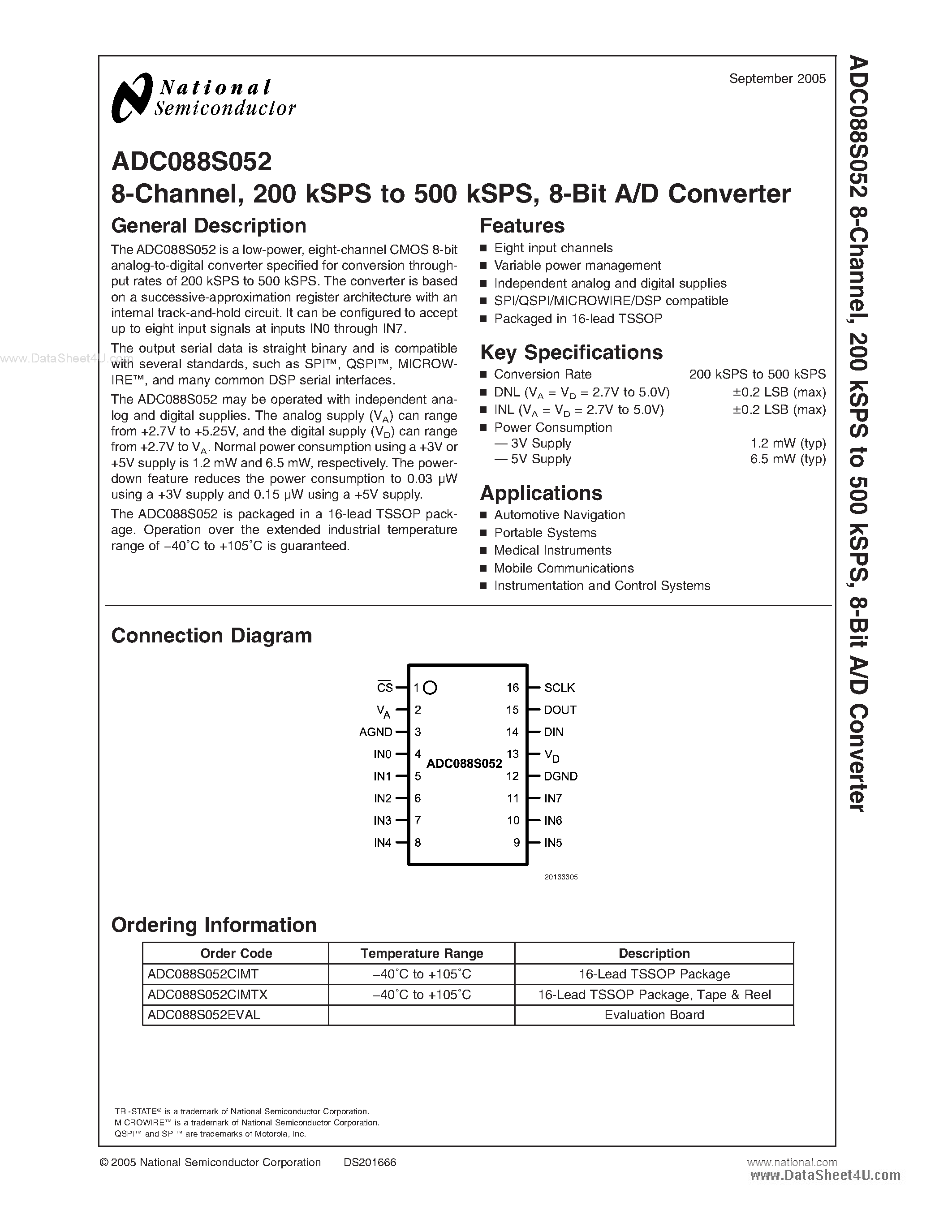 Datasheet ADC088S052 - 8-Bit A/D Converter page 1
