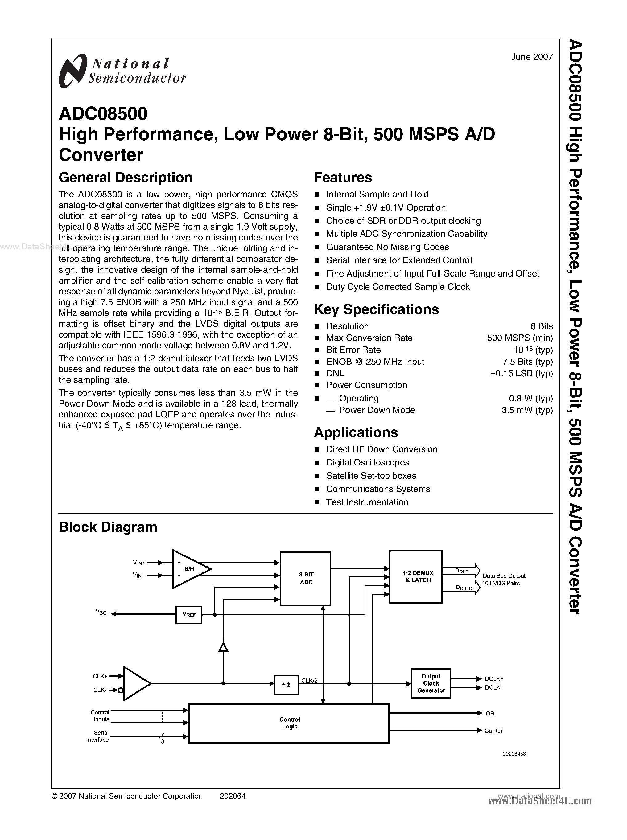 Datasheet ADC08500 - 500 MSPS A/D Converter page 1