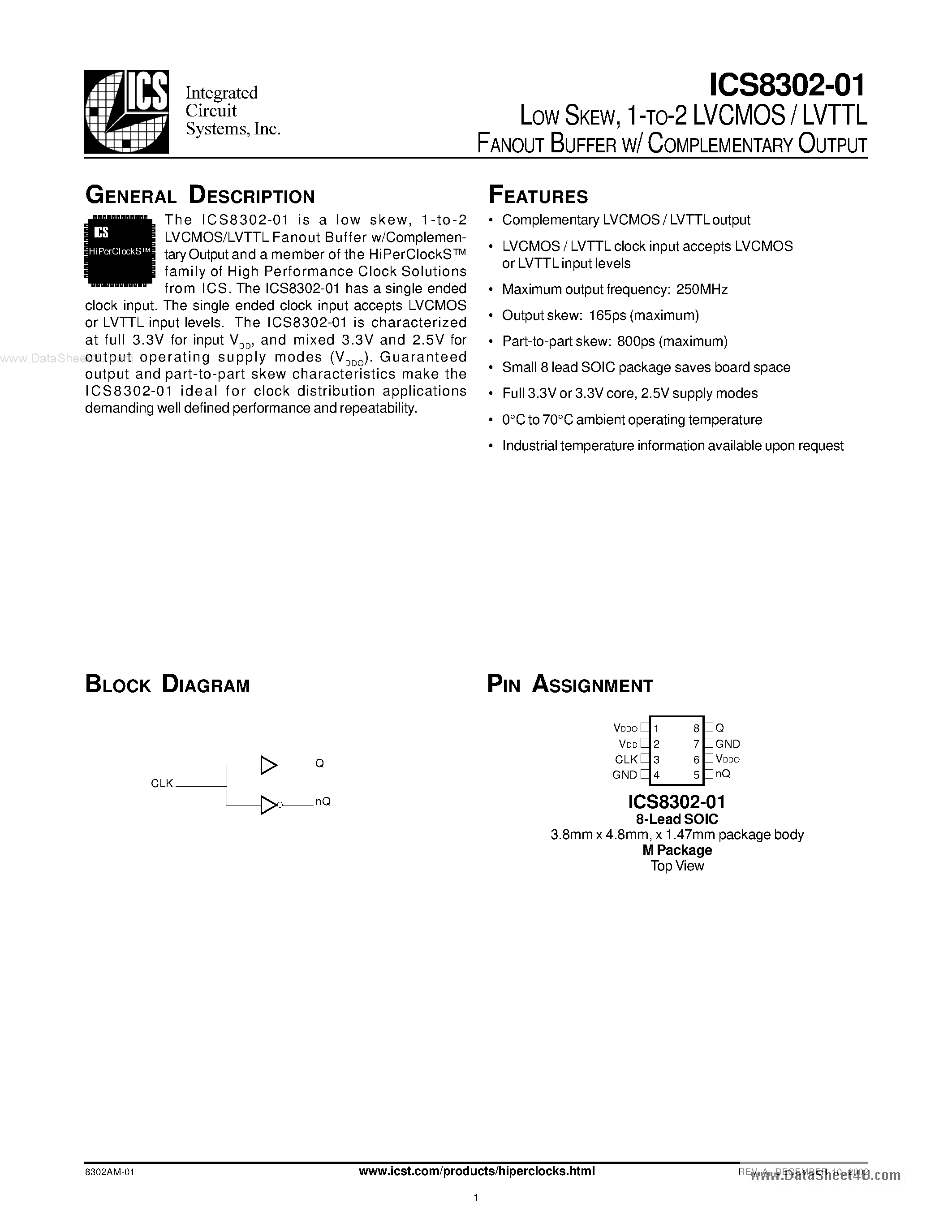 Даташит ICS8302-01 - 1-TO-2 LVCMOS / LVTTL FANOUT BUFFER W/ COMPLEMENTARY OUTPUT страница 1