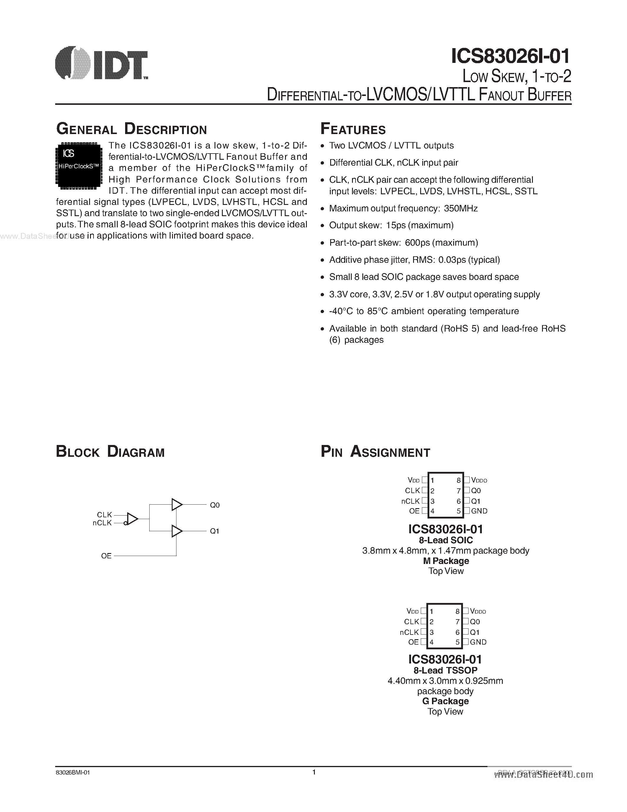 Datasheet ICS83026I-01 - 1-TO-2 DIFFERENTIAL-TO-LVCMOS/LVTTL FANOUT BUFFER page 1