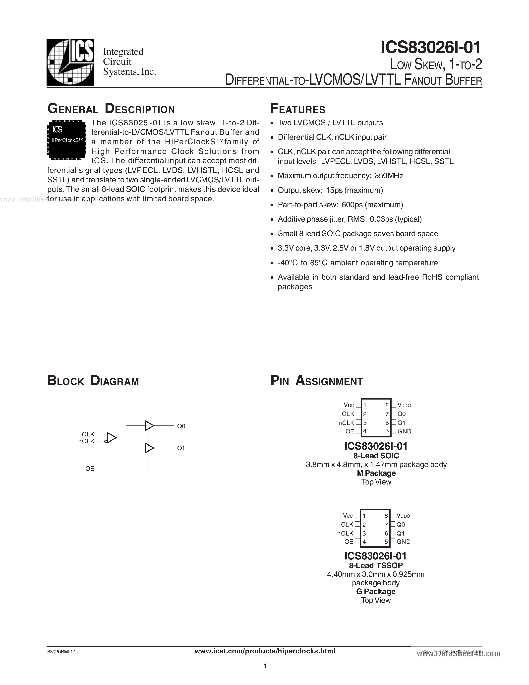 Datasheet ICS83026I-01 - 1-TO-2 DIFFERENTIAL-TO-LVCMOS/LVTTL FANOUT BUFFER page 1