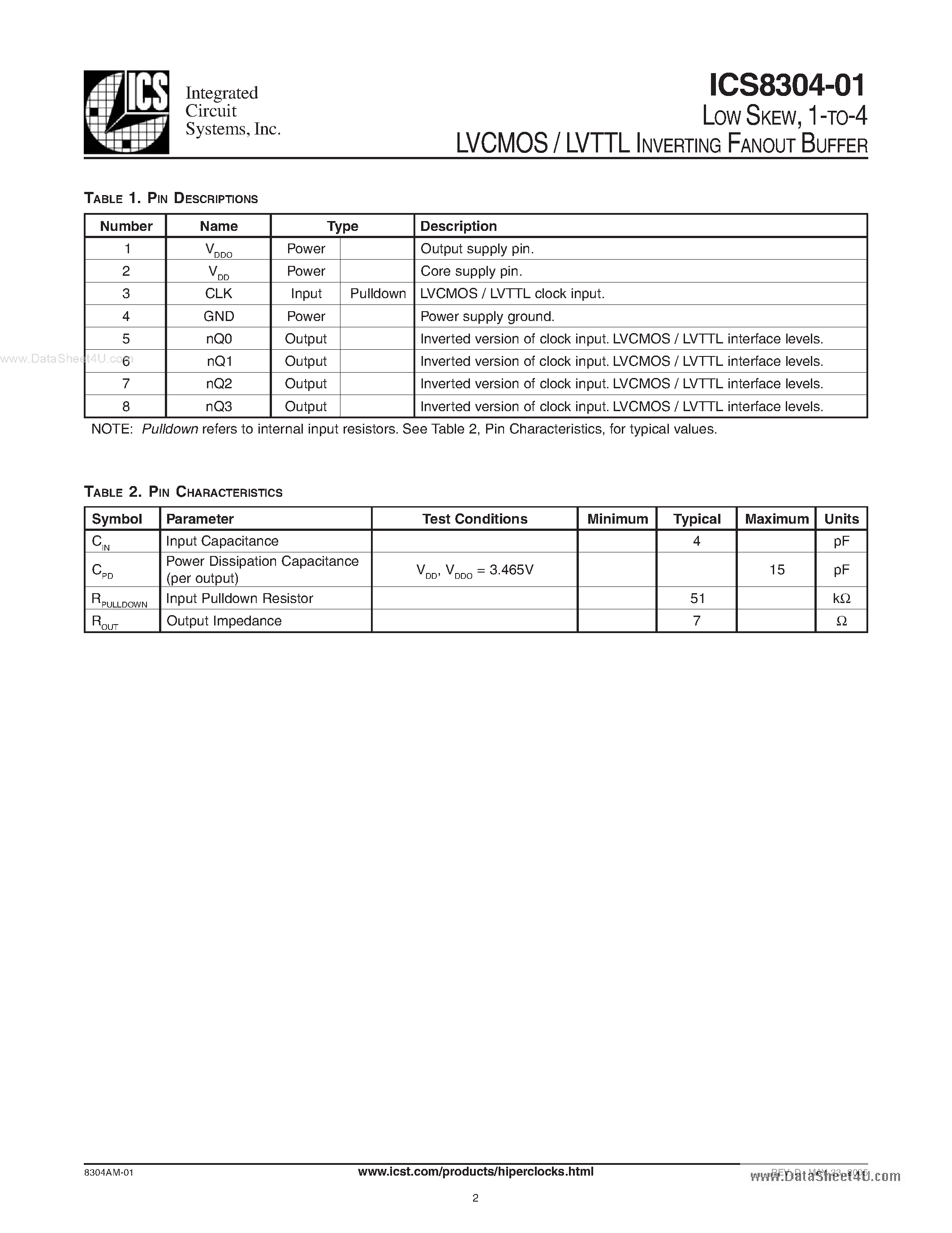 Даташит ICS8304-01 - 1-TO-4 LVCMOS / LVTTL INVERTING FANOUT BUFFER страница 2