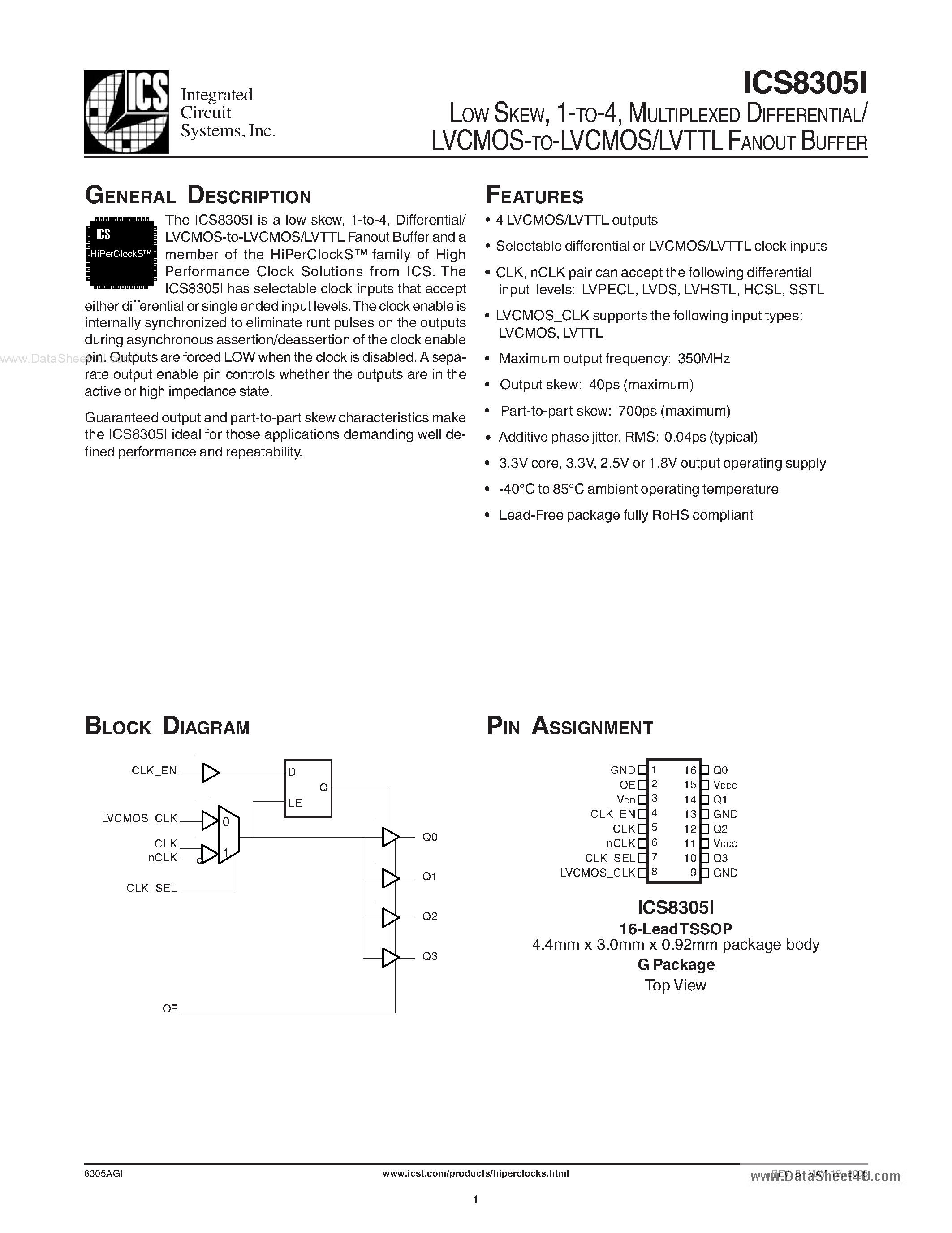 Даташит ICS8305I - MULTIPLEXED DIFFERENTIAL/LVCMOS-TO-LVCMOS/LVTTL FANOUT BUFFER страница 1