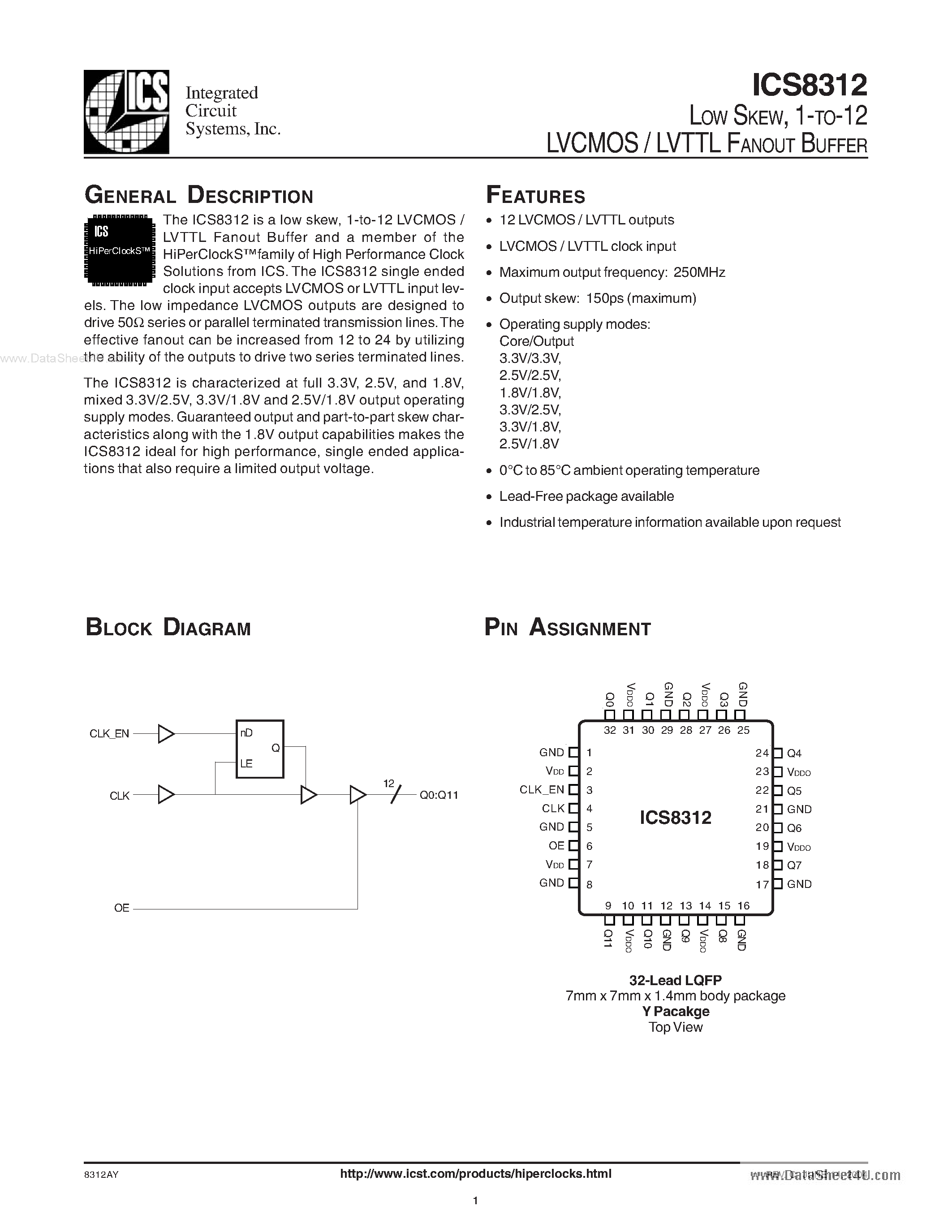 Даташит ICS8312 - 1-TO-12 LVCMOS / LVTTL FANOUT BUFFER страница 1