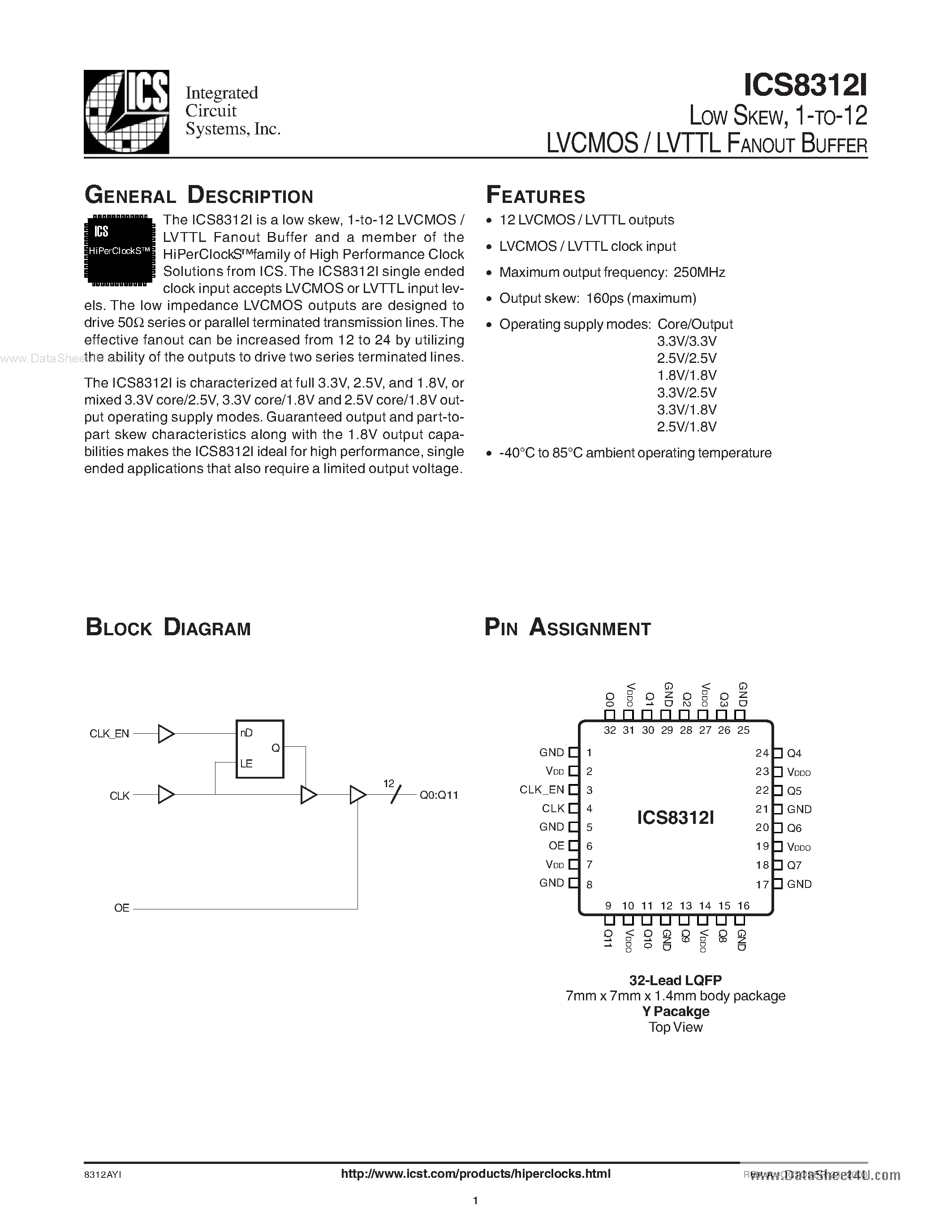 Даташит ICS8312I - 1-TO-12 LVCMOS / LVTTL FANOUT BUFFER страница 1