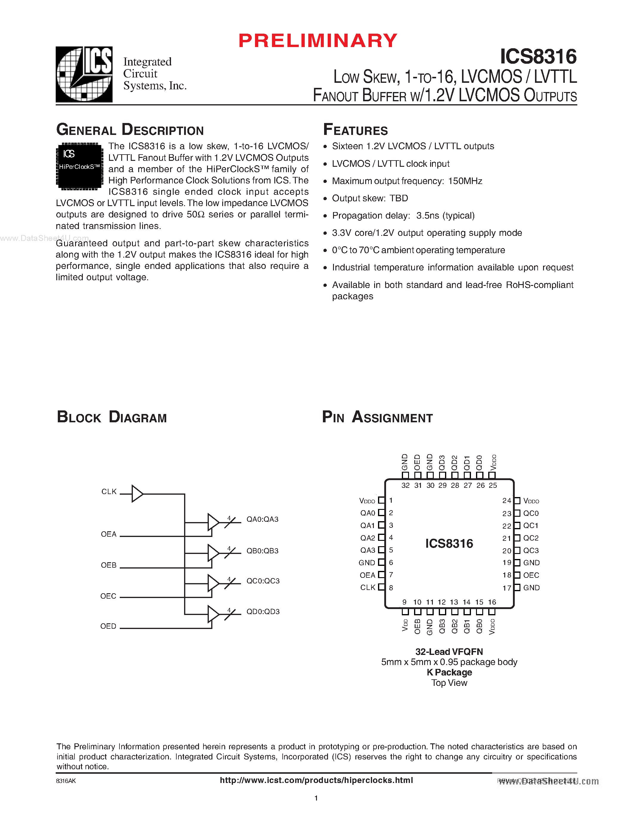 Даташит ICS8316 - LVCMOS / LVTTL FANOUT BUFFER W/1.2V LVCMOS OUTPUTS страница 1