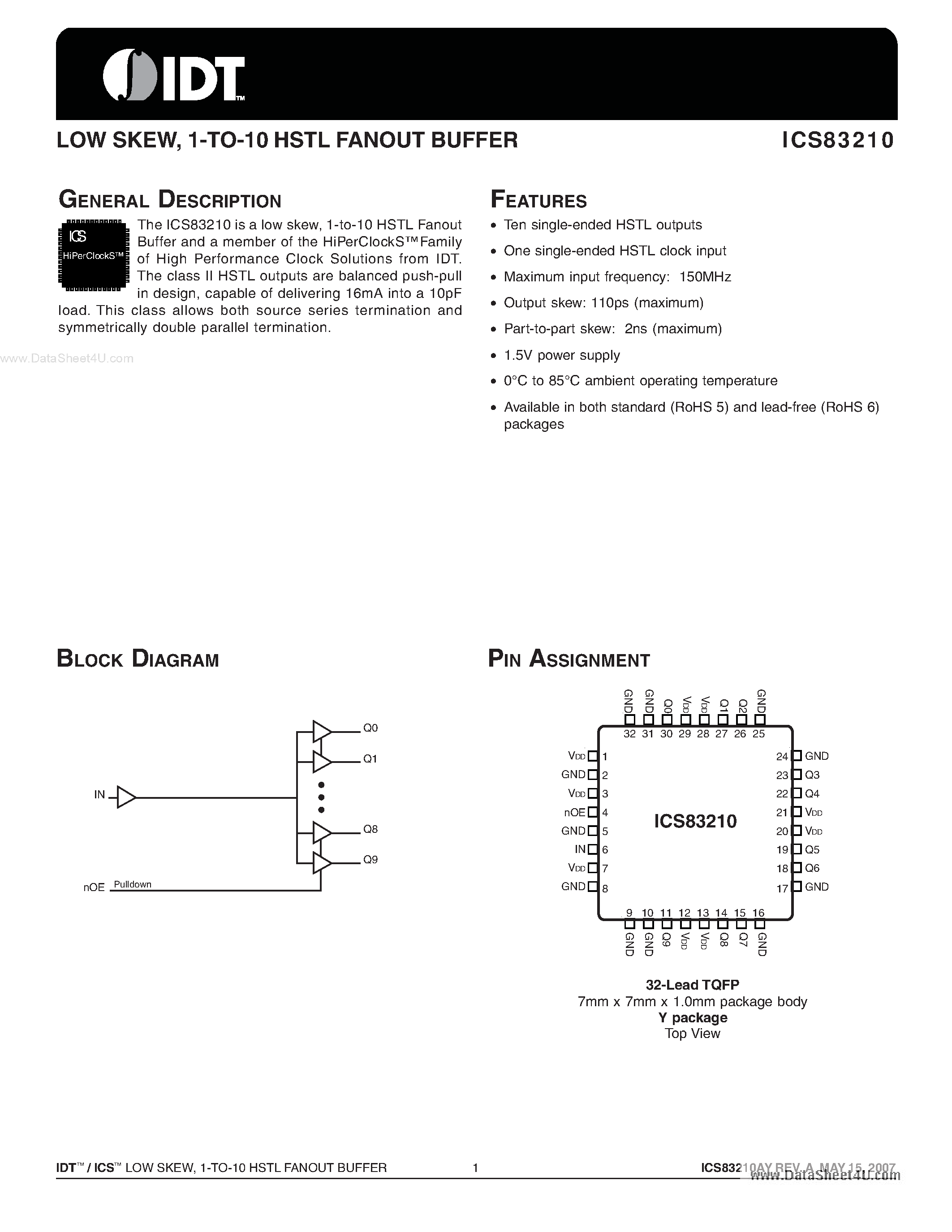 Datasheet ICS83210 page 1 Datasheet ICS83210 - 1-TO-10 HSTL FANOUT BUFFER page 1