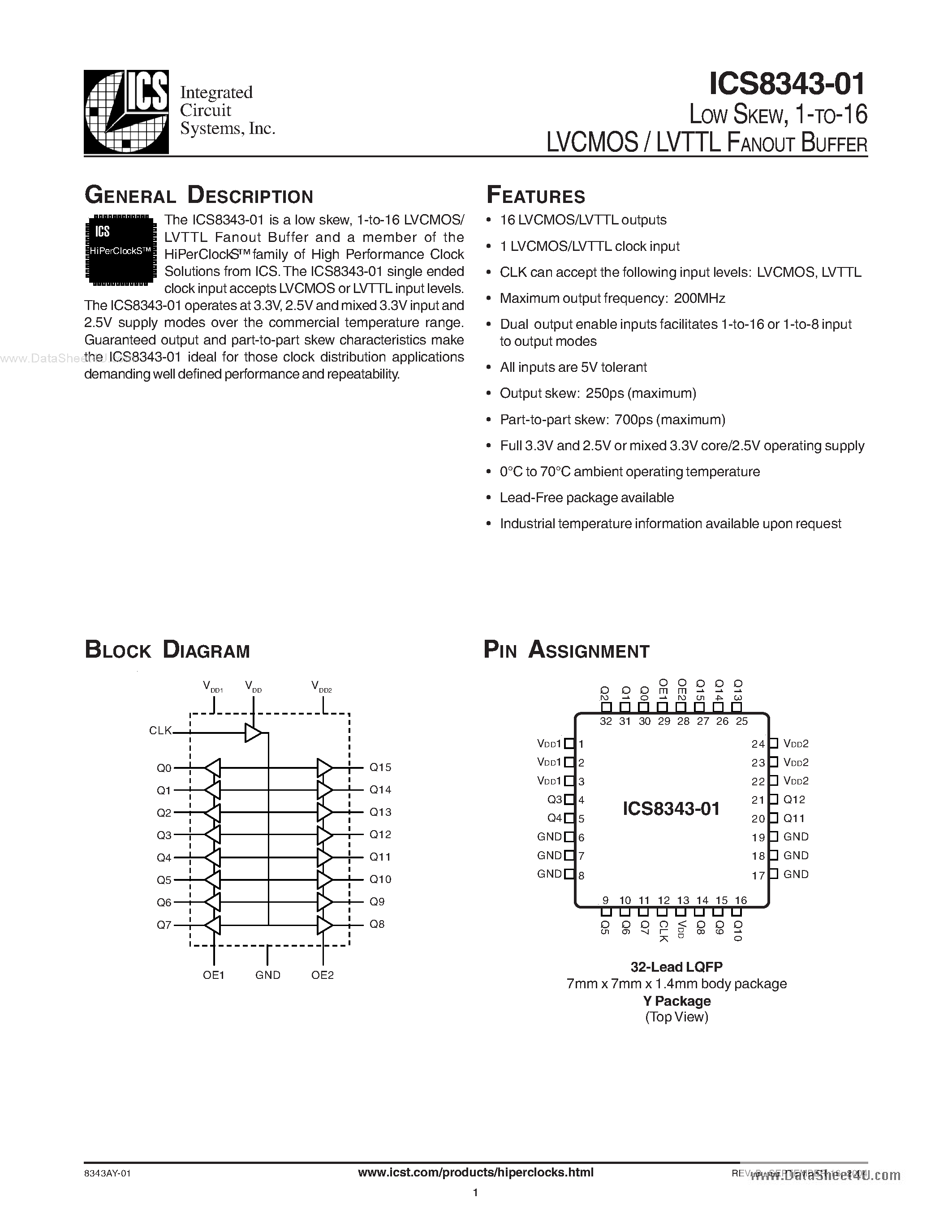 Даташит ICS8343-01 - 1-TO-16 LVCMOS / LVTTL FANOUT BUFFER страница 1