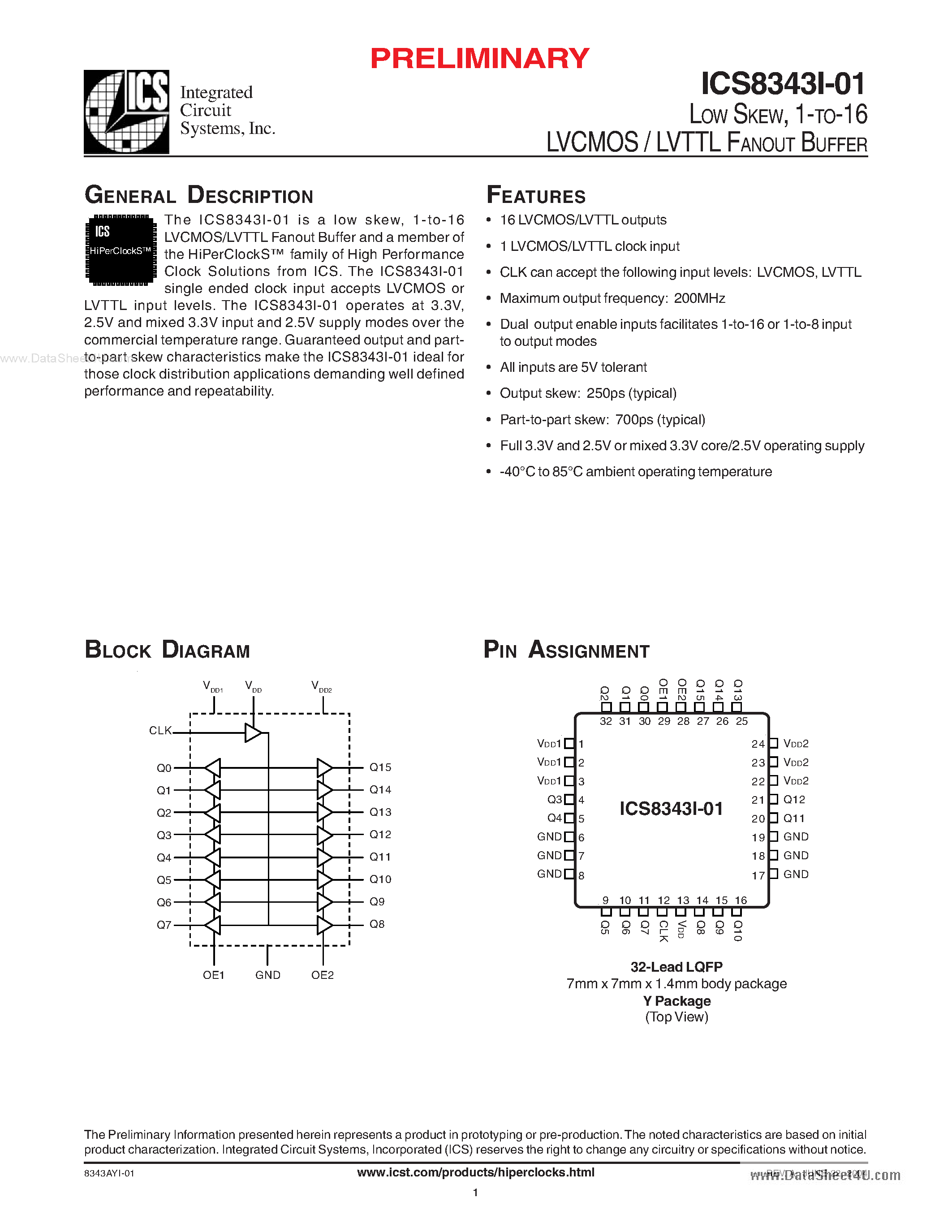 Datasheet ICS8343I-01 - 1-TO-16 LVCMOS / LVTTL FANOUT BUFFER page 1